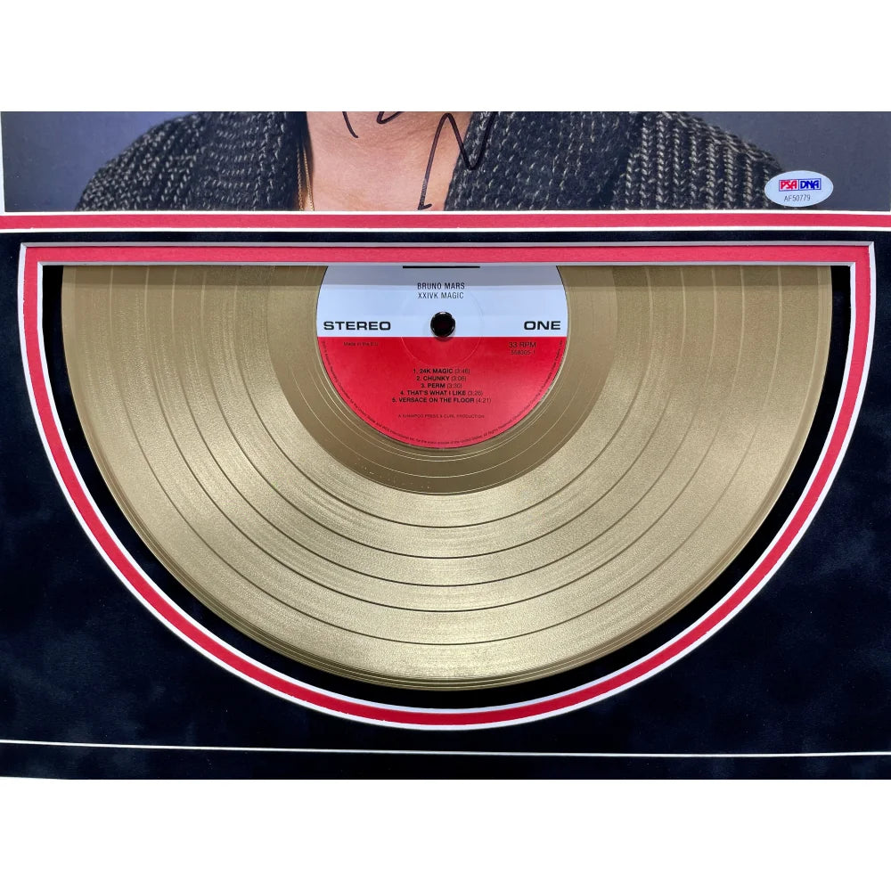 Bruno Mars Autographed 11x14 Photo with Gold Record Framed Collage - PSA/DNA Certified COA - Signed 24k Magic Memorabilia - Perfect for Music Fans Collectors and Home Decor