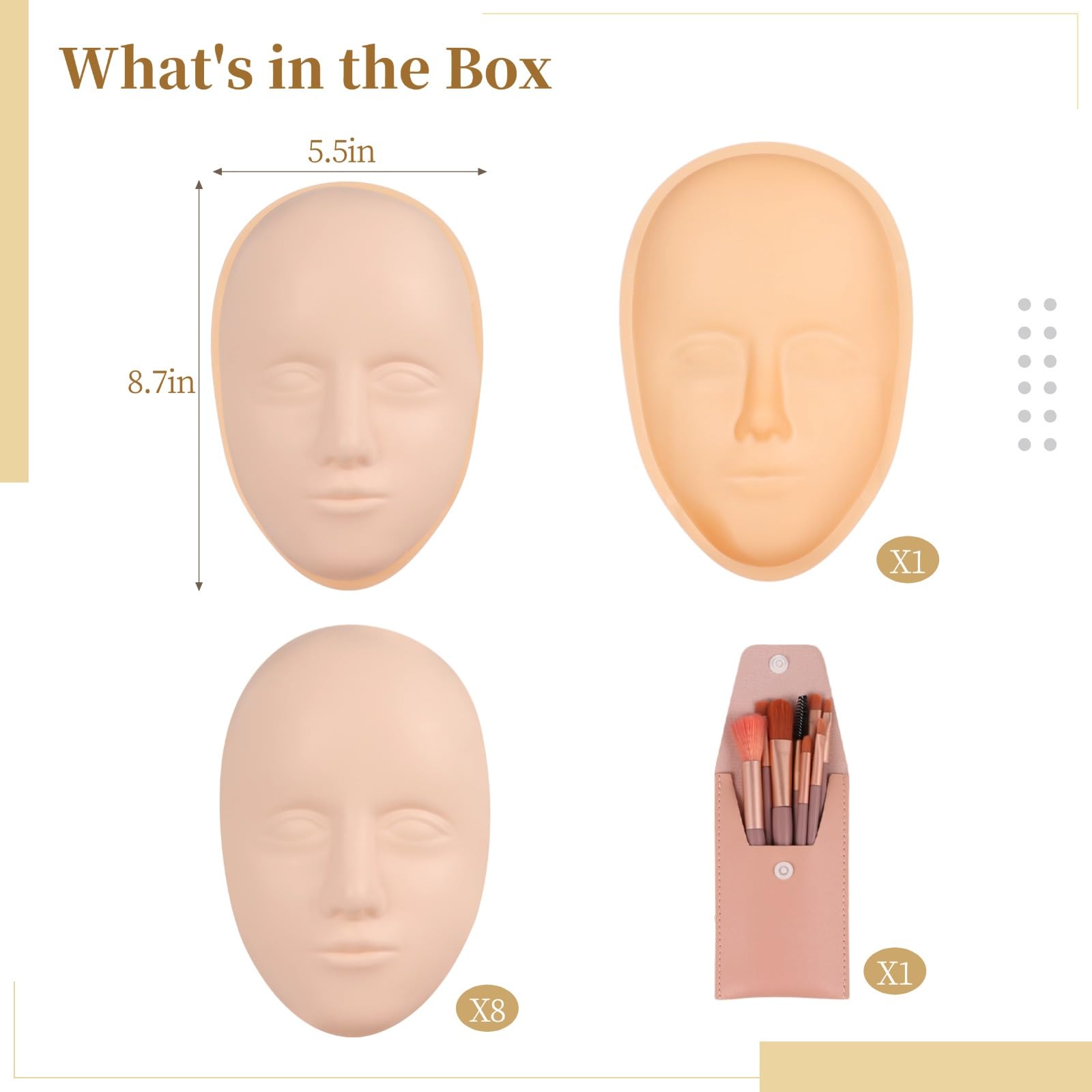 8-Piece Silicone Makeup Practice Face Kit with Mannequin Head, Practice Board & Brushes - Perfect for Beginners Learning Face Painting, Permanent Makeup & Beauty Art Creation (Great for Cosplay, Salon Training & SFX Makeup Practice)