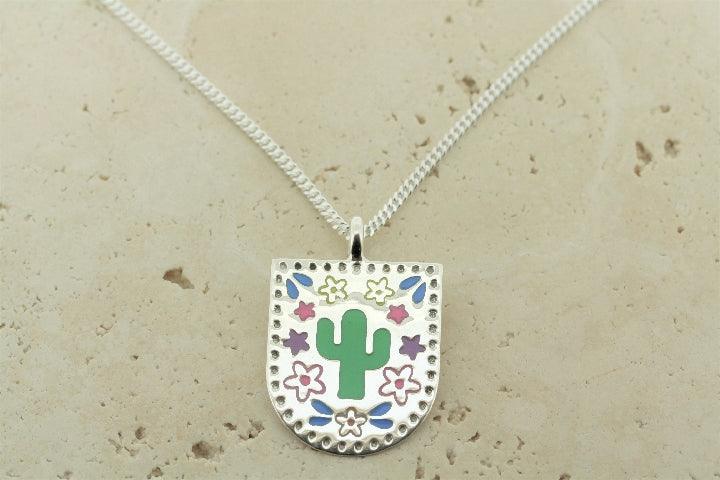 Vintage Multi-Color Enamel Cactus Shield Pendant Necklace with 55cm Link Chain - Perfect for Boho Fashion, Festival Jewelry & Unique Gifts