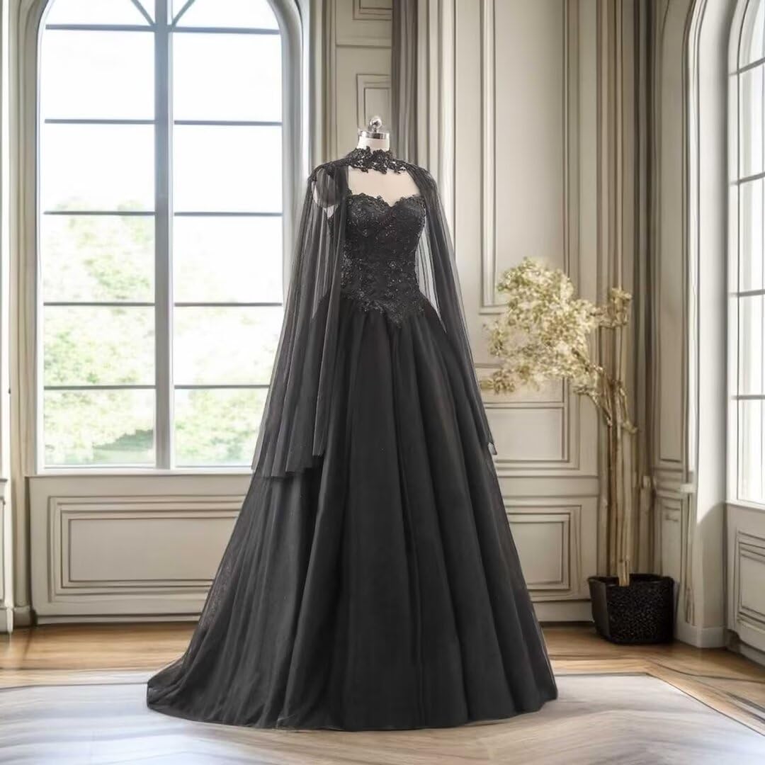Gothic Black Wedding Dress for Bride - Elegant Lace Appliques & Tulle Bridal Gown | Perfect for Dark Romance, Vampire, Halloween & Alternative Weddings