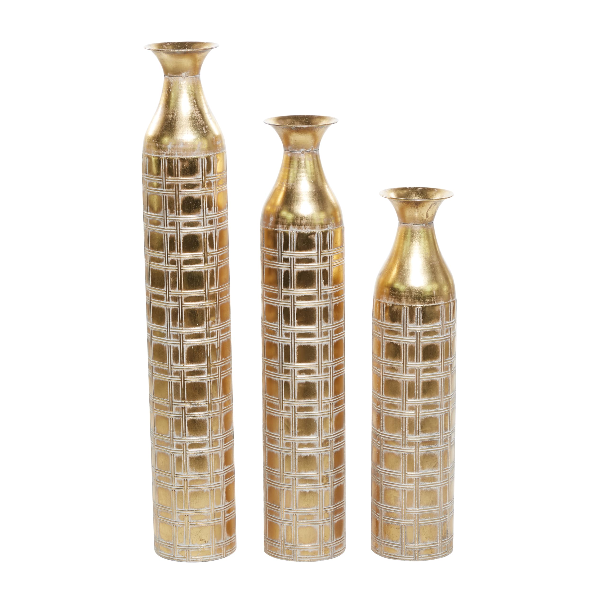 **Deco 79 Tall Metal Decorative Vase Set of 3 - Distressed Gold Etched Grid Patterns, 35