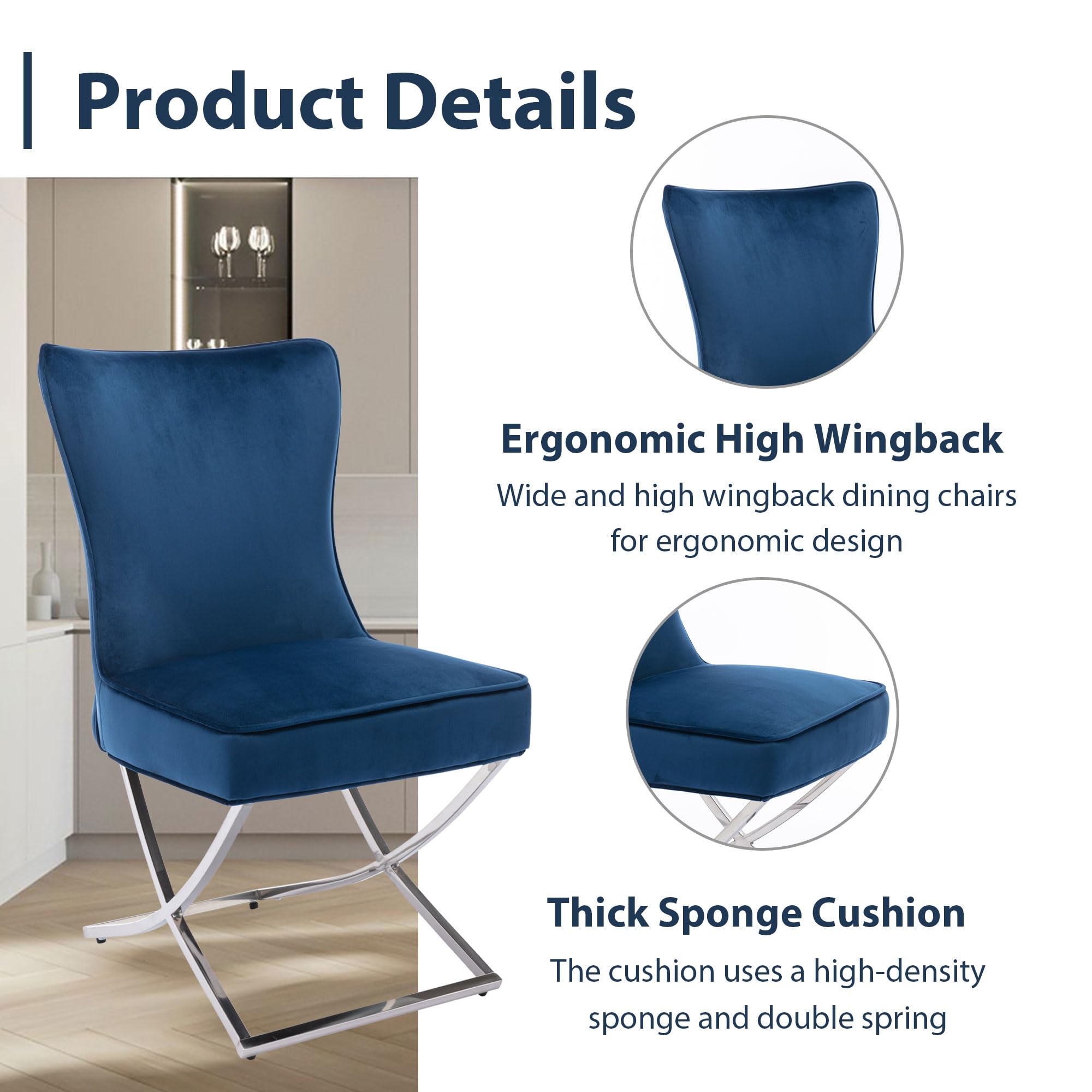 Modern Stainless Steel Legs Velvet Dining Chairs Set of 2 - Royal Blue Upholstered Button Tufted Back Chairs with Solid Piping | Elegant Dining Room Furniture for Home, Restaurant & Office Use