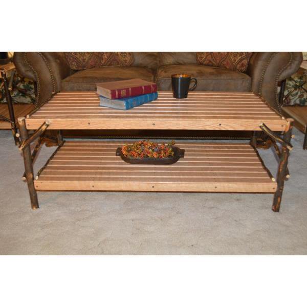 Solid Hickory Wood Coffee Table with Storage Shelf - Rustic Farmhouse Living Room Furniture for Home Decor & Entertainment Areas