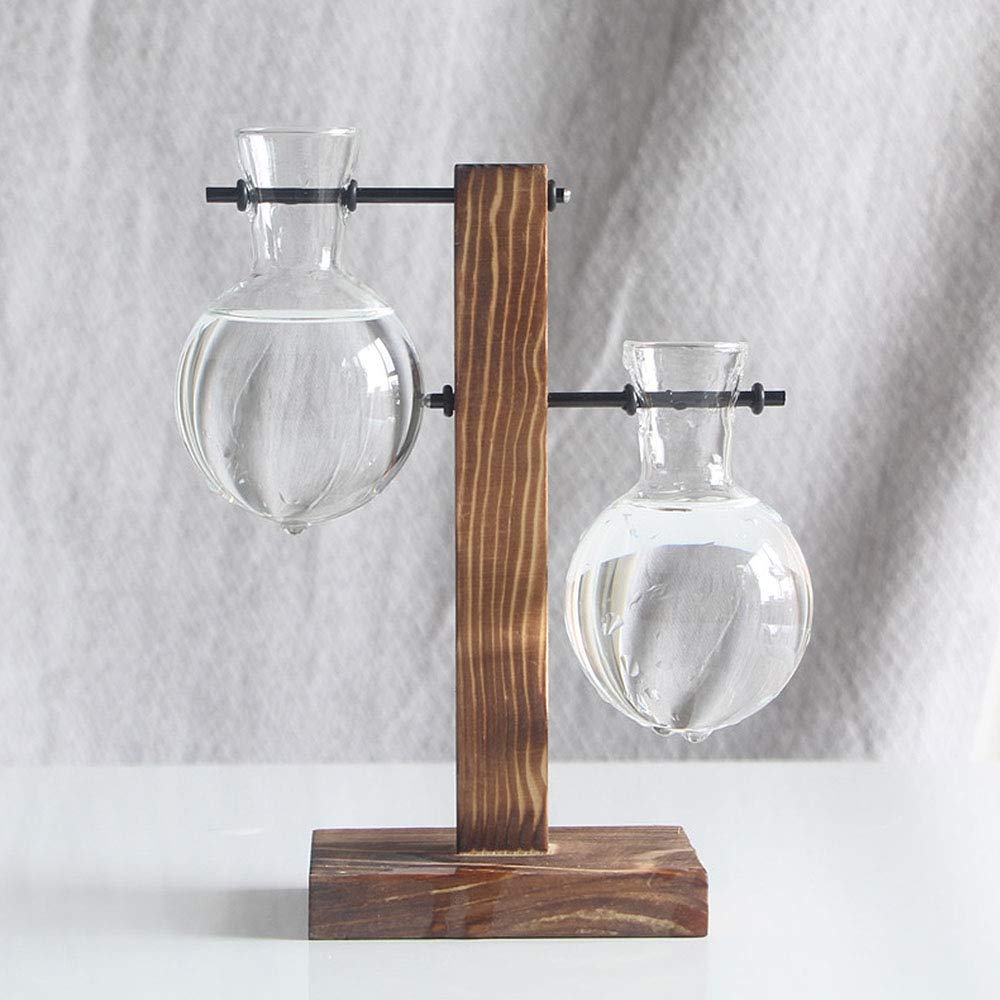 Fderopor Glass Planter Bulb Vase with 2 Bud Bottles - Hydroponic Plant Propagation Station with Retro Wood Stand & Metal Swivel Holder - Ideal for Home, Office & Garden Decor - Perfect for Growing Herbs, Succulents & Air Plants