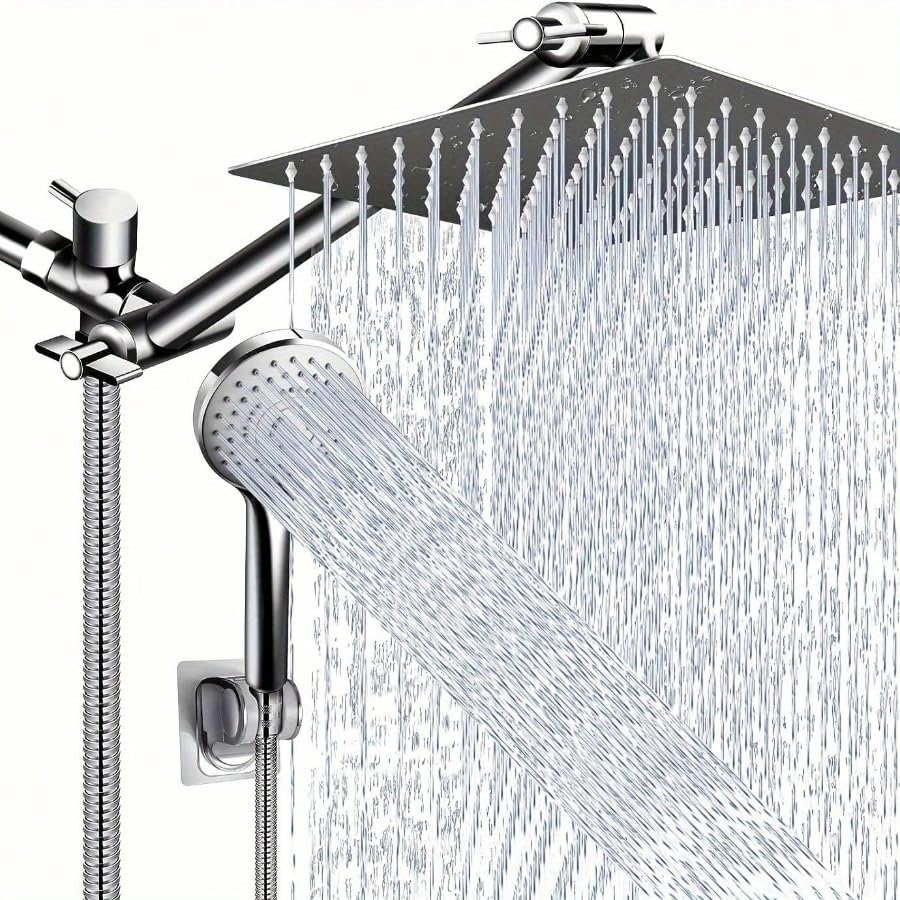 High Pressure Rain Shower Head with Hose - 8 Inch Handheld Shower Head Combo, 11 Inch Extension Arm, 9 Adjustable Spray Settings, Height & Angle Adjustable Shower Head with Holder (Silver) - Perfect for Bathroom, Spa, and Relaxing Shower Experience