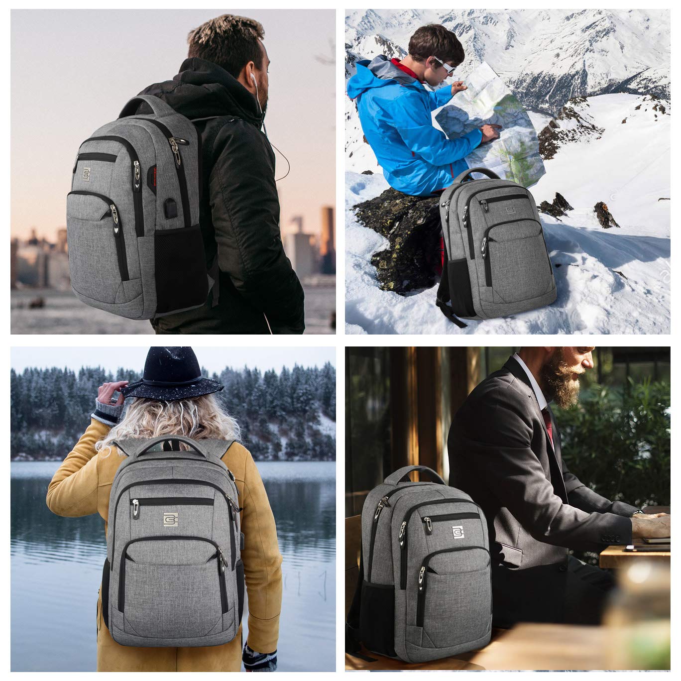 Laptop Backpack for Business Travel - Anti-Theft Slim Durable USB Charging Port Water Resistant College Computer Bag for Women & Men Fits 15.6 Inch Laptop & Notebook - Grey - Ideal for Commuting, Work & School