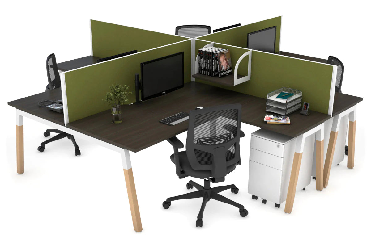 Quadro Wood A Legs Cross Beam 4-Person Corner Workstation Desk - 1600L x 1800W with Cable Management Scallop - Perfect for Office, Home Workspace & Collaborative Environments
