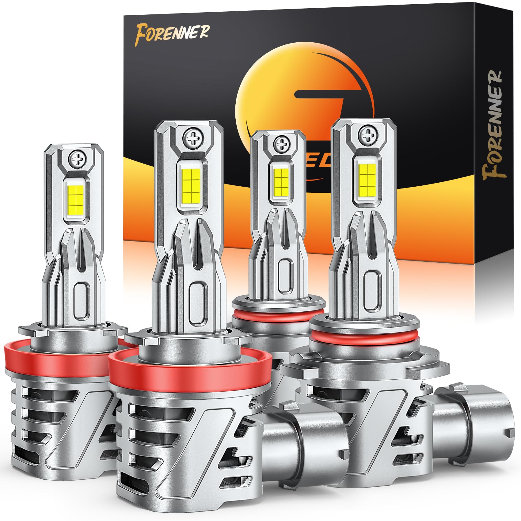 Forenner Upgraded H11 9005 LED Bulbs Combo - 52000LM 800% Brighter H11/H9/H8 9005/HB3 Headlight Bulbs, Plug-N-Play with Cooling Fan, CANBUS Ready, Non-Polarity, IP68 Waterproof Fog Lights (Pack of 4) - Perfect for Night Driving, Off-Roading & Extreme Weather Conditions