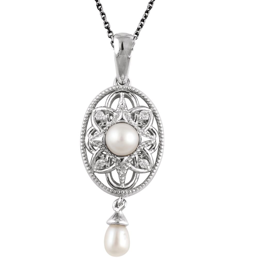 925 Sterling Silver Polished White Freshwater Cultured Pearl & Diamond Pendant Necklace for Women - Elegant Jewelry Gift for Anniversary, Birthday & Special Occasions