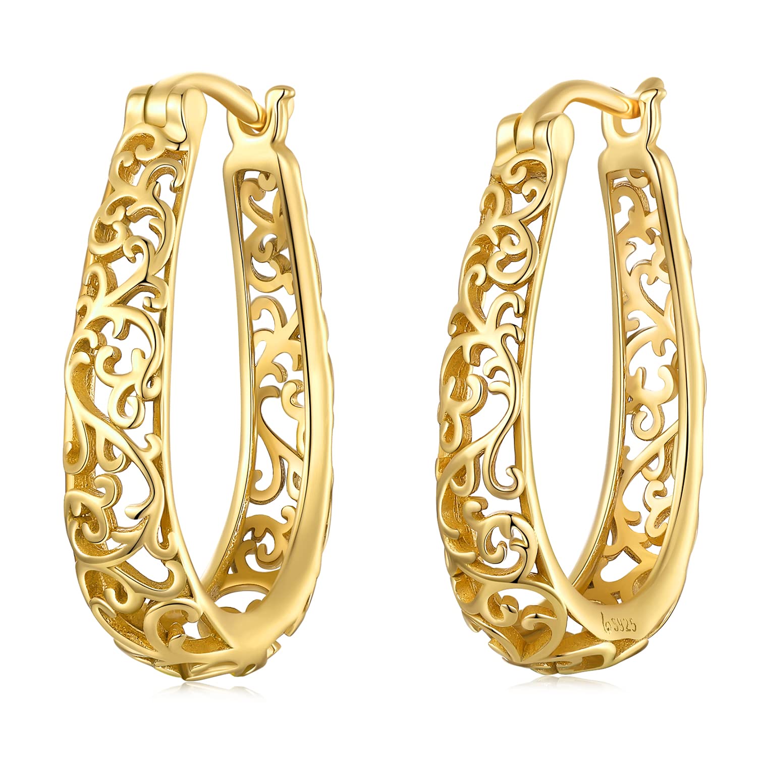 BISAER 925 Sterling Silver Hoop Earrings for Women - 14K Gold Plated Hypoallergenic Jewelry Set with Filigree Design | Perfect Gift for Her, Everyday Wear & Special Occasions