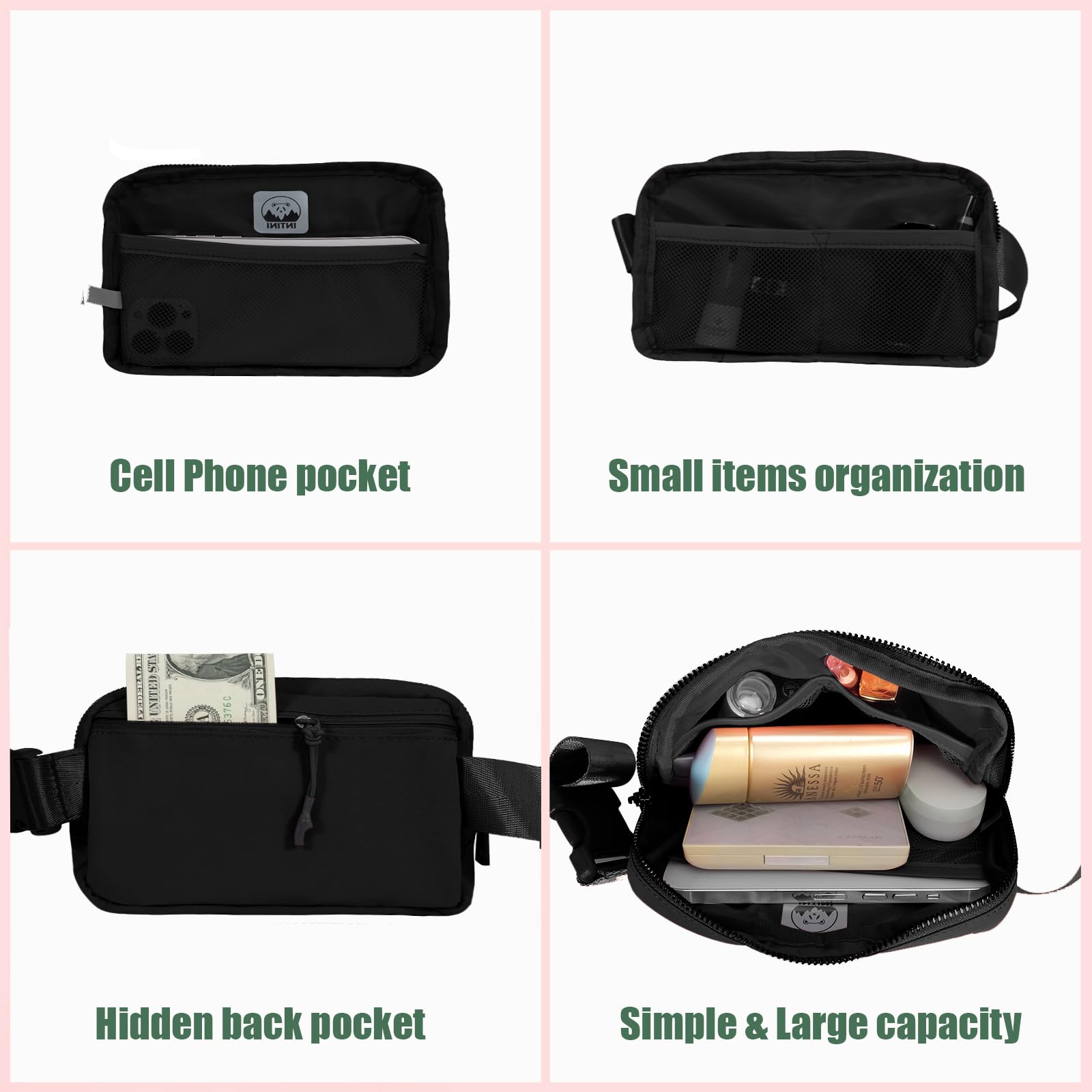 INTINI Everywhere Belt Bag – Slim & Stylish Mini Crossbody Fanny Pack for Women, Adjustable Up to 50 Inch Waist (Small, Black) | Perfect for Travel, Running, Hiking & Everyday Use