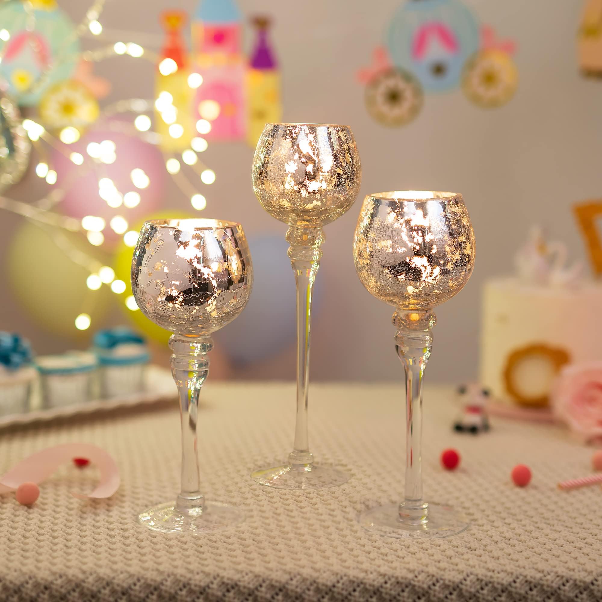 Long Stem Glass Candle Holders Set of 3 - Tall Silver Crackle Mercury Glass Tea Light Holders for Wedding Centerpieces, Party Decor, Home Tabletop Decorations - Perfect for Romantic Dinners, Holiday Tablescapes & Special Occasions