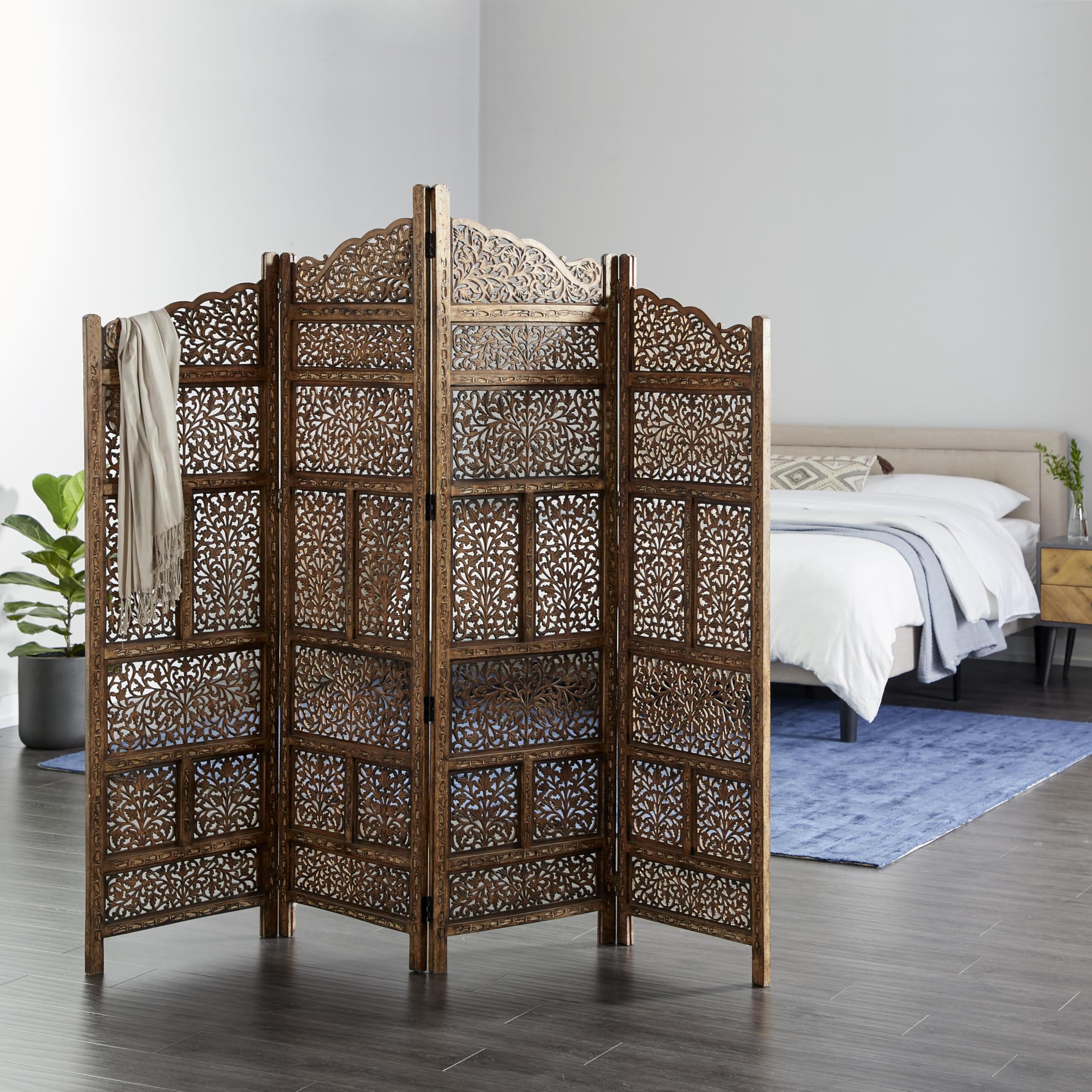 Deco 79 34006 Large 4-Panel Brown Wood Room Divider Screen - 80