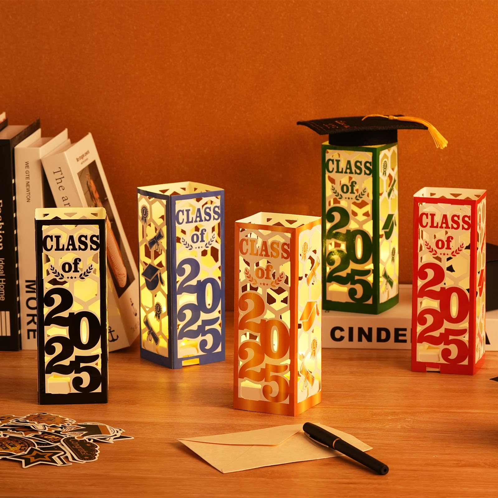 6 Pcs LED Graduation Lanterns - Class of 2025 Party Decor for College & High School - Black