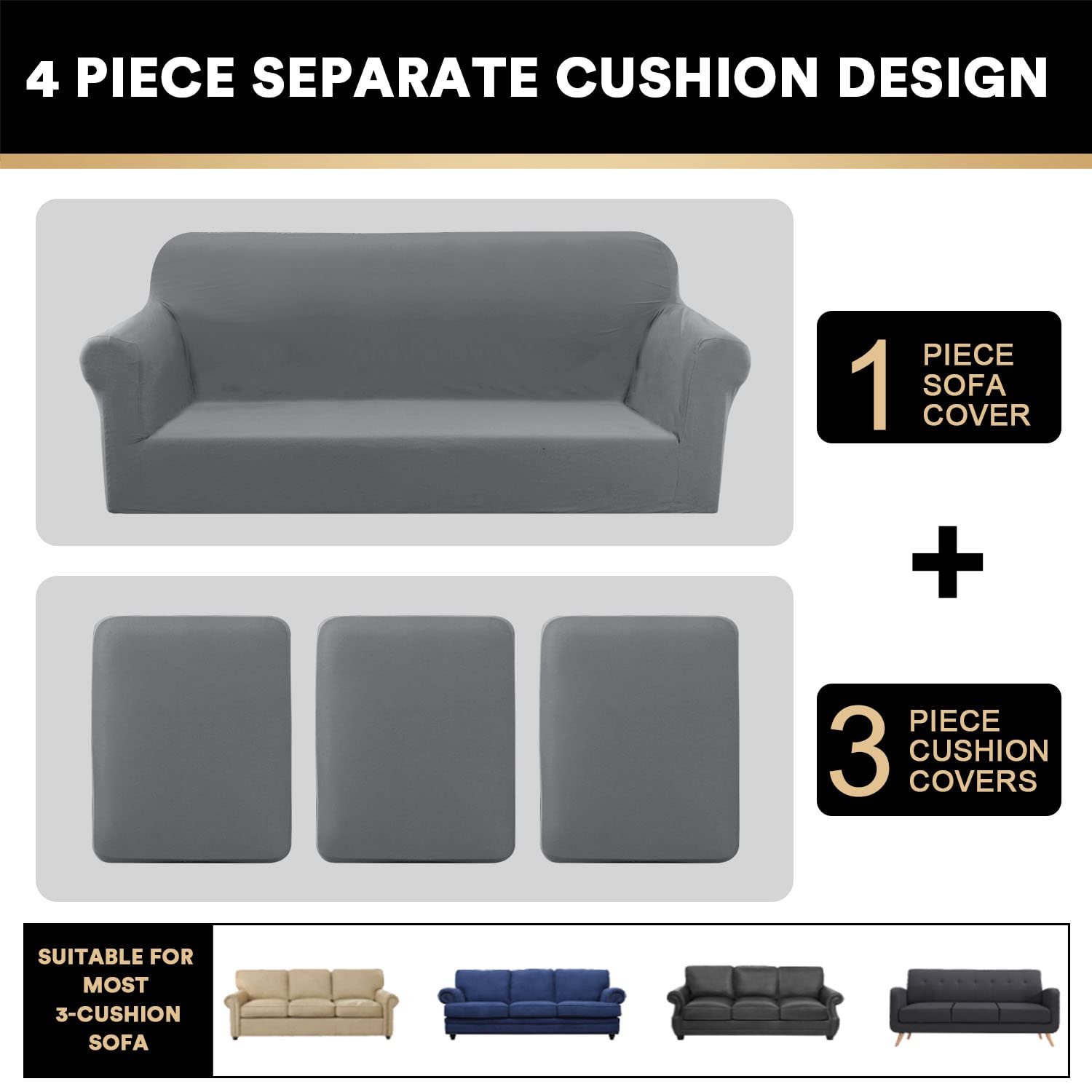 PrinceDeco Stretch Sofa Cover for 3-Seat Couch - Thickened Pet-Friendly Slipcover for Dogs & Cats - Furniture Protector (88