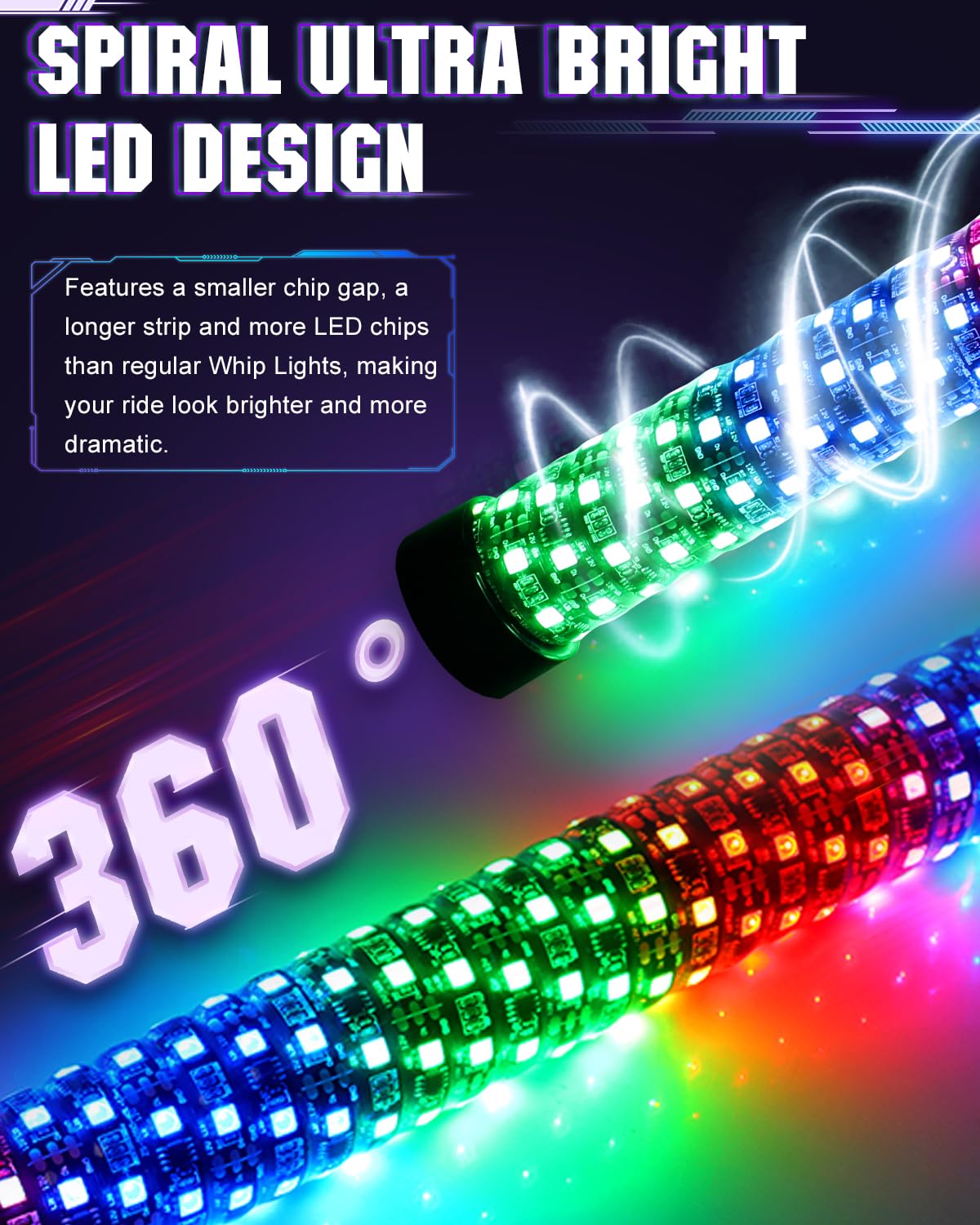 2 Pack 3FT LED Whip Lights for UTV ATV - Adjustable Length, Ultra Bright Spiral Chasing Lights with Rocker Switch, 2 Flags, App & Remote Control - Perfect for RZR, SxS, Can-Am Off-Road Vehicles - Ideal for Night Riding, Trail Adventures & Off-Road Racing