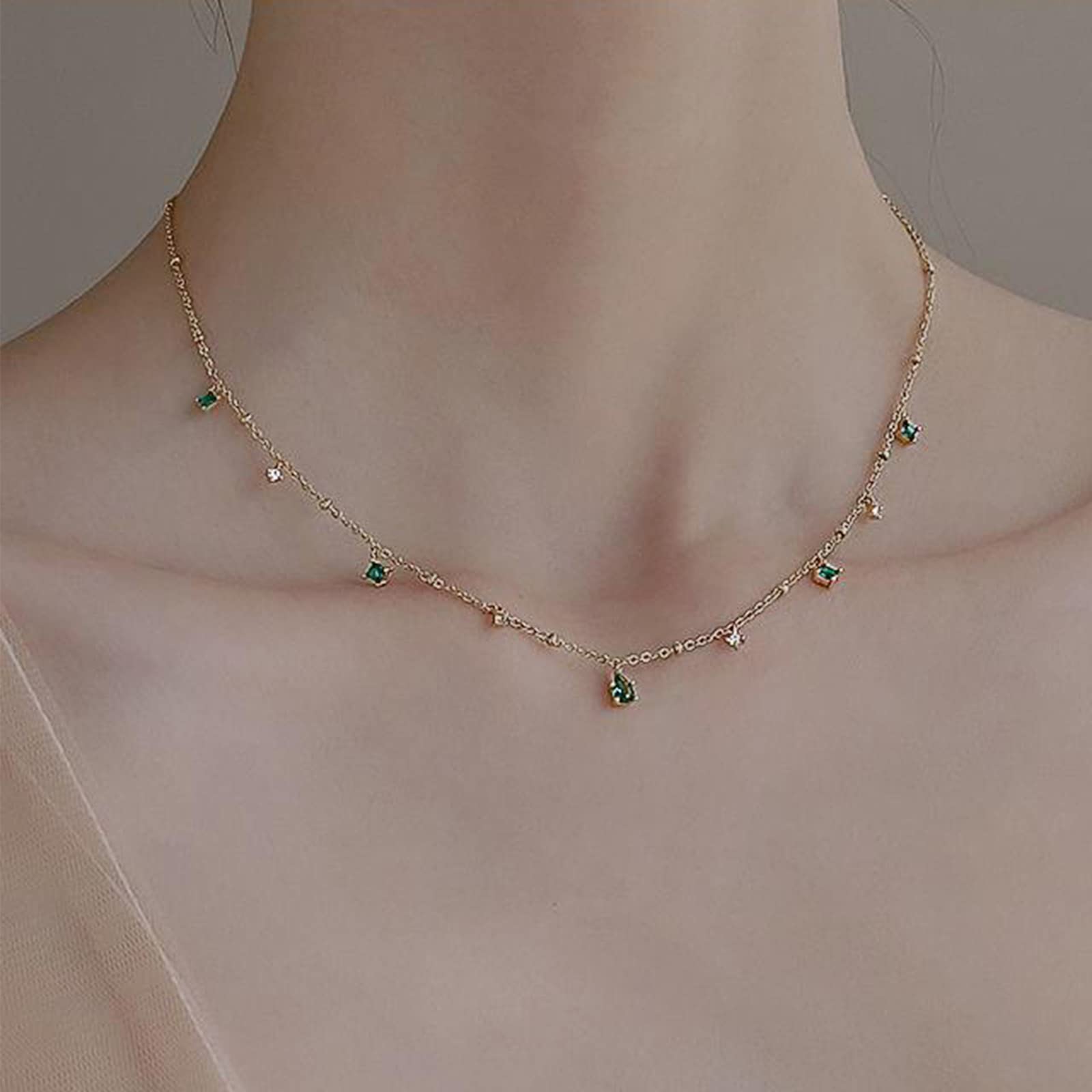 Boho Emerald Dangle Necklace - Green Gemstone Waterdrop Pendant with Gold Cz Crystal Chain - Elegant Choker Jewelry for Women & Girls - Perfect for Parties, Weddings & Everyday Wear