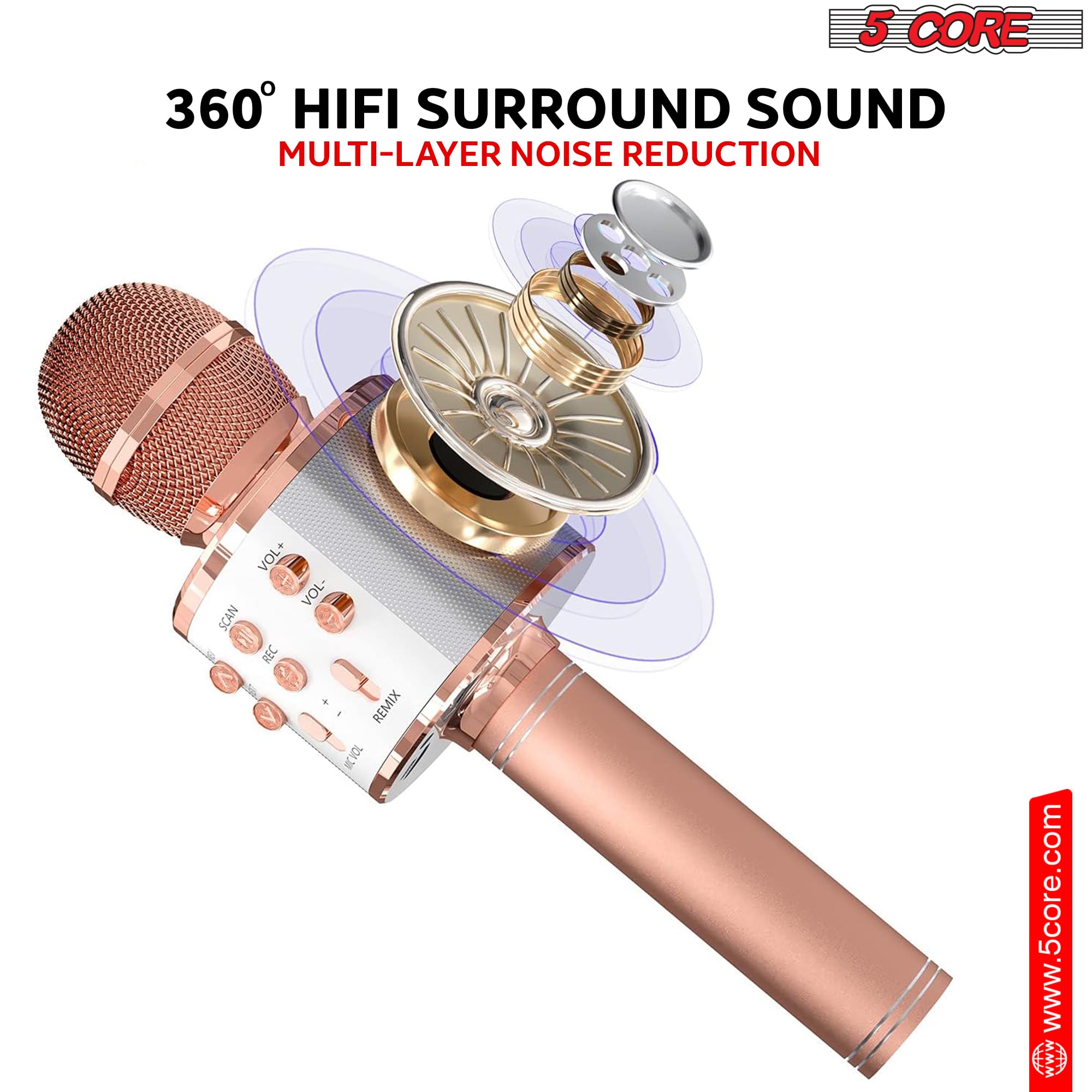 5 CORE Bluetooth Wireless Karaoke Microphone - Portable Handheld Mic with Built-in Speaker & Recording Function - Perfect for Home Karaoke, Parties, Singing Practice and Live Streaming (Copper)