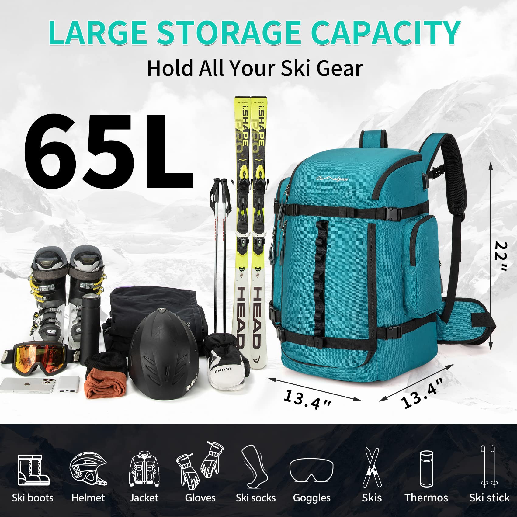 65L Waterproof Ski Boot Bag - 1680D Nylon Padded Duffle Backpack for Men, Women & Kids - Perfect for Ski Trips, Air Travel & Snowboarding Gear Storage
