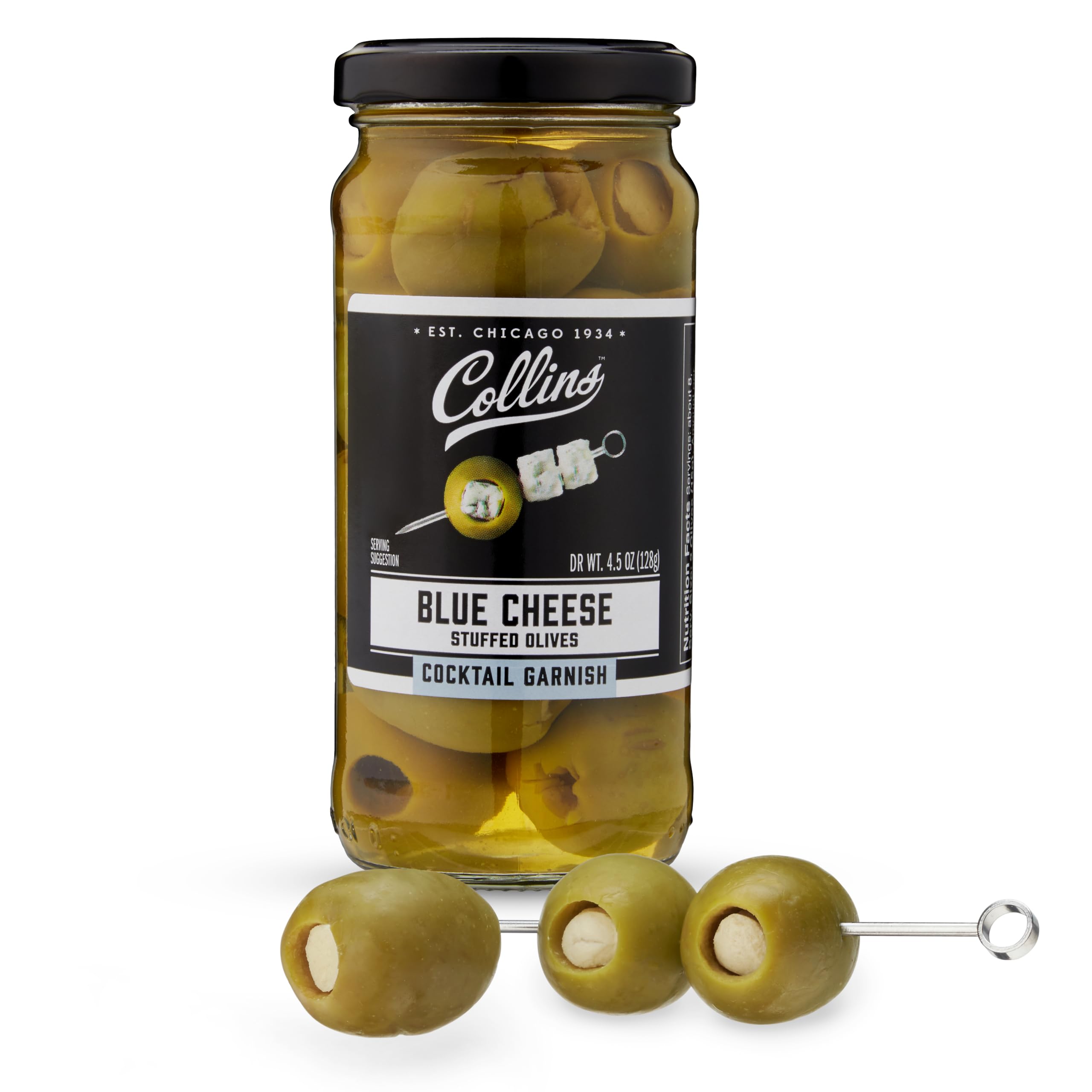 Collins Gourmet Blue Cheese Stuffed Olives – Premium Cocktail Garnish for Martinis & Bloody Marys – Perfect for Charcuterie Boards, Snack Trays & Salads – Gourmet Condiment Olives 4.5oz – Ideal for Parties, Happy Hours & Upscale Entertaining