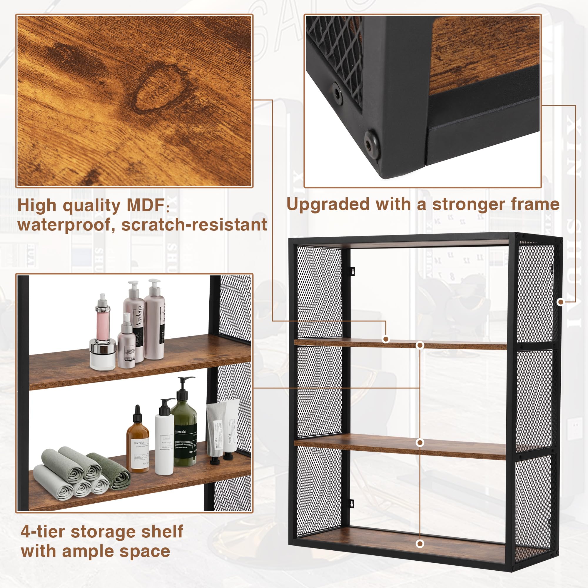 4 Tier Wall Mounted Storage Shelves - Rustic Brown Multipurpose Bookcase for Home, Salon, Barber & Tattoo Shop - Perfect for Organizing Books, Beauty Supplies & Decorative Items