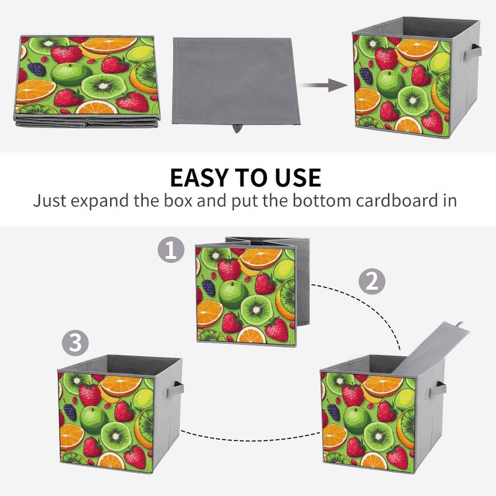 6-Piece Collapsible Storage Bins with Handles - Printed Fruit Design Foldable Organizing Baskets for Kitchen, Pantry, Shelves & Home Organization - Perfect for Storing Fruits, Vegetables, Toys & Household Items