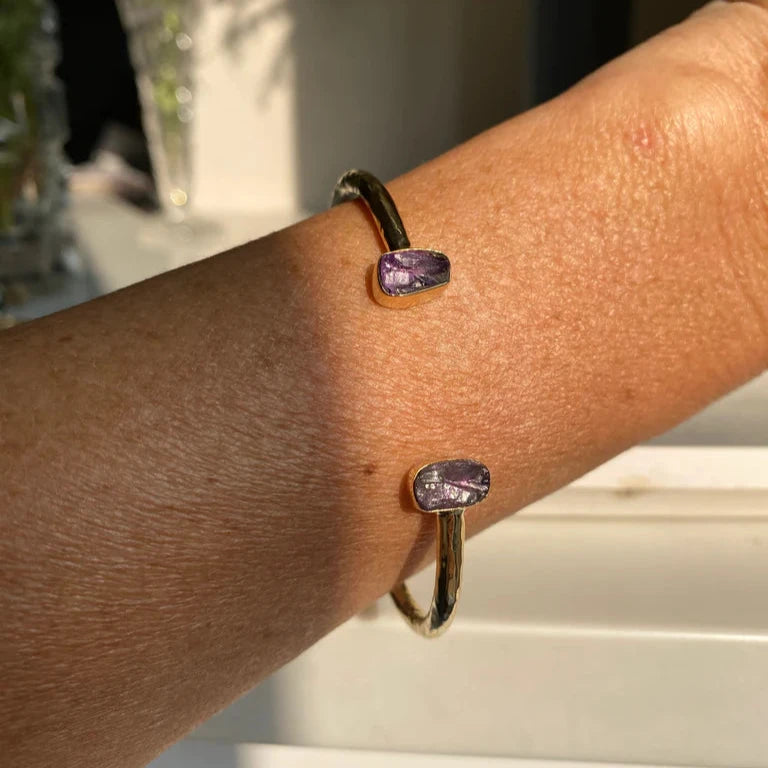 Aviva Open Cuff Bracelet with Double Gemstones - Elegant Jewelry for Women, Perfect for Parties, Weddings & Special Occasions