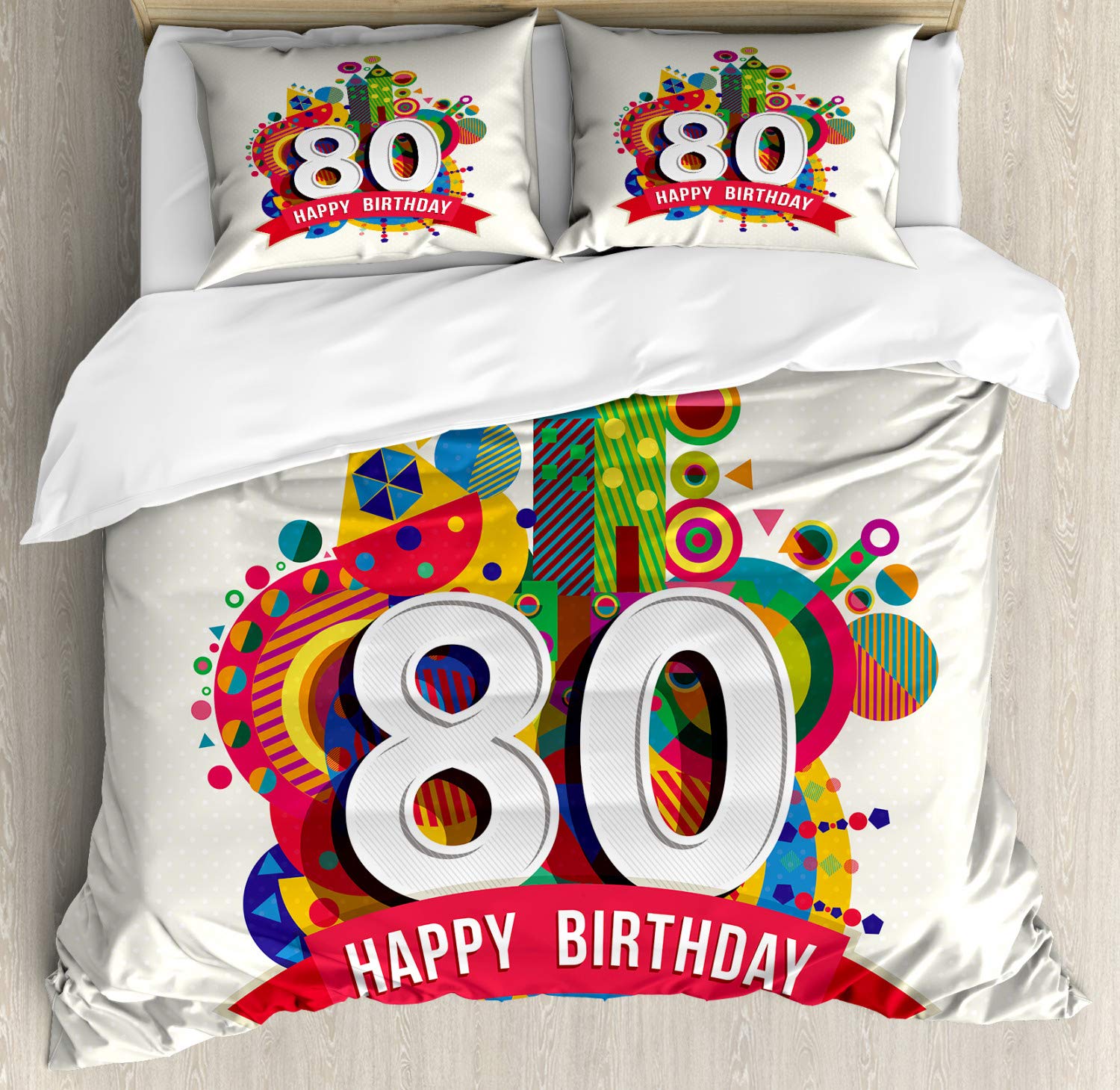 Ambesonne 80th Birthday Duvet Cover Set - Happy Party Ribbon Geometric Castle Boat Print 3-Piece Bedding Set with 2 Pillow Shams, California King Size, Multicolor | Perfect for Birthday Celebrations, Guest Rooms & Themed Bedroom Decor