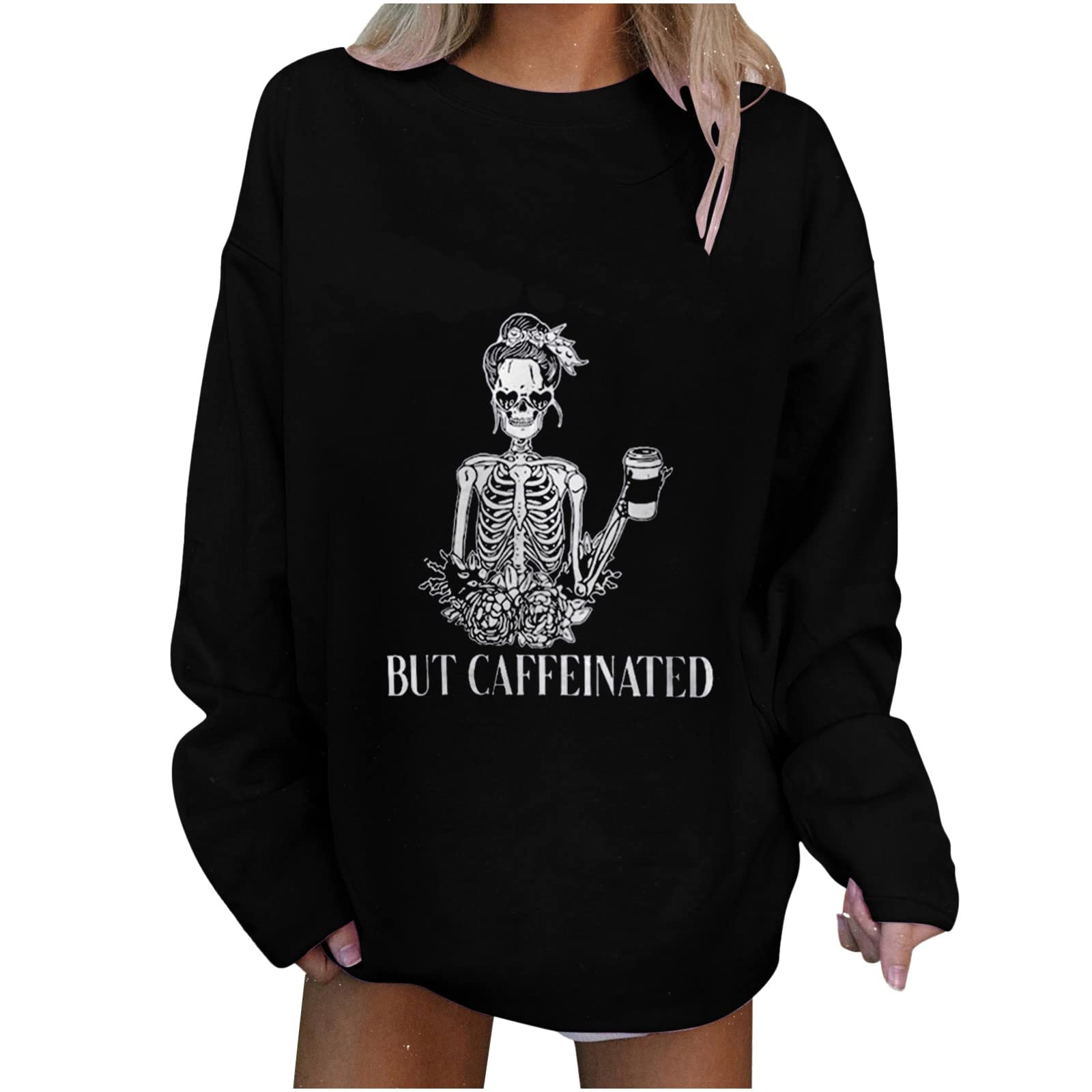 Vintage Skull Print Long Sleeve Sweatshirt for Women - Oversized Loose Fit Crewneck Cozy Shirt | Spring Casual Tops | Perfect for Streetwear, Layering & Everyday Comfort