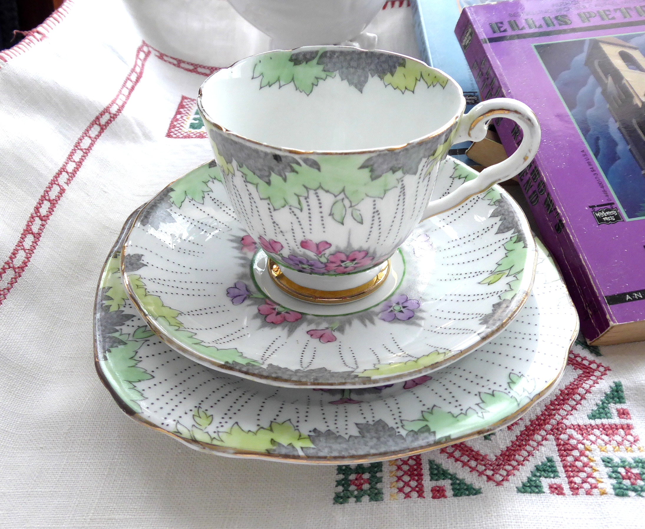 Vintage Royal Stafford Art Deco Teacup Trio Set - Hand-Painted Floral Transfer Design from 1930s - Perfect for Afternoon Tea, Collecting & English Cottage Decor