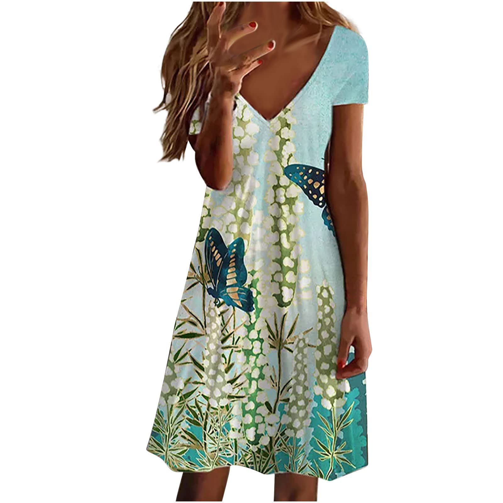 Women's Casual Floral Print Summer Dress - Boho V-Neck Short Sleeve Knee-Length Swing Dress for Women, Slim Fit Sexy Mini Dress | Perfect for Beach Vacation, Date Night & Summer Parties