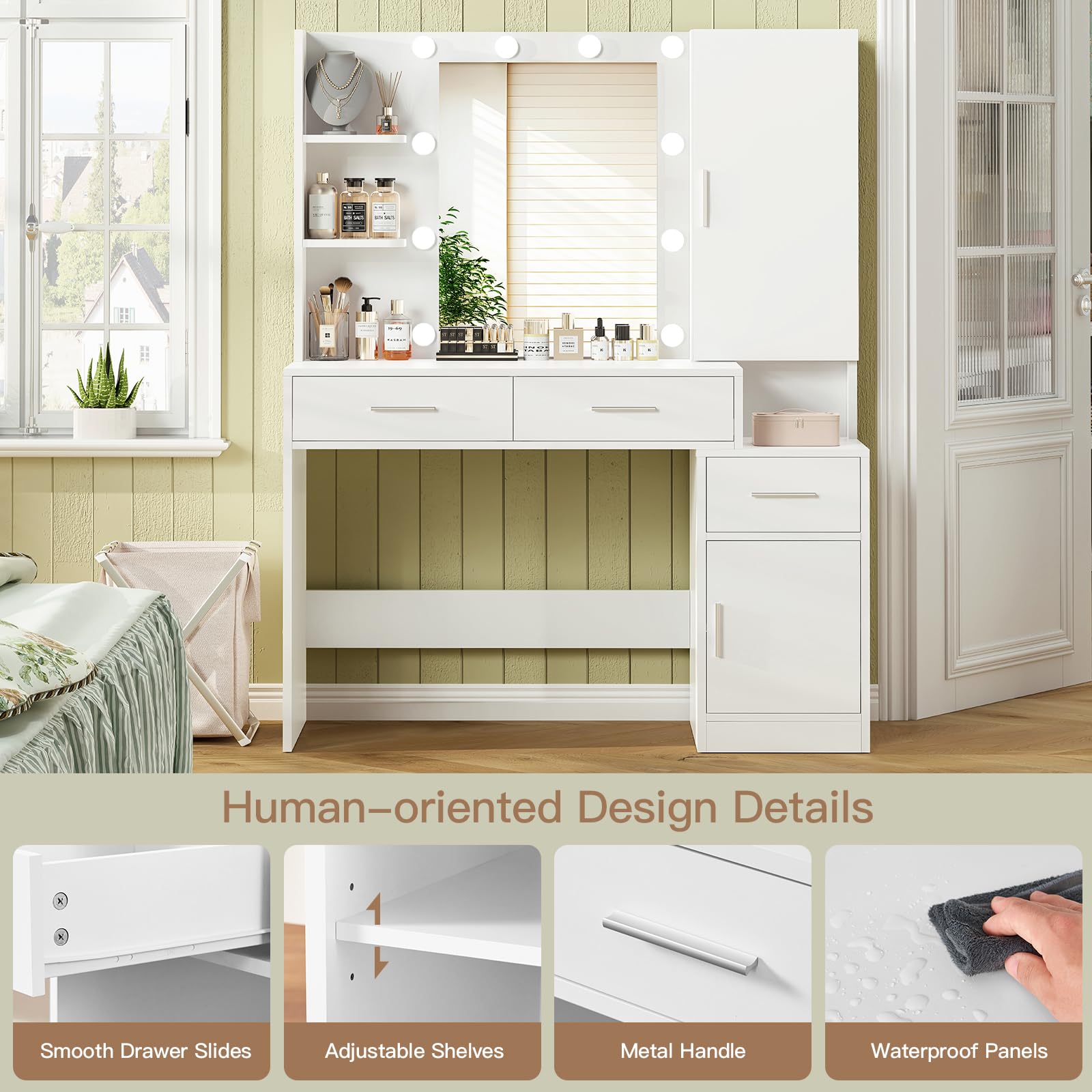 Usikey White Vanity Desk with Mirror & LED Lights - Makeup Vanity Table with 3 Drawers & Jewelry Storage Organizer for Women & Girls | Perfect for Bedroom Decor & Beauty Routine