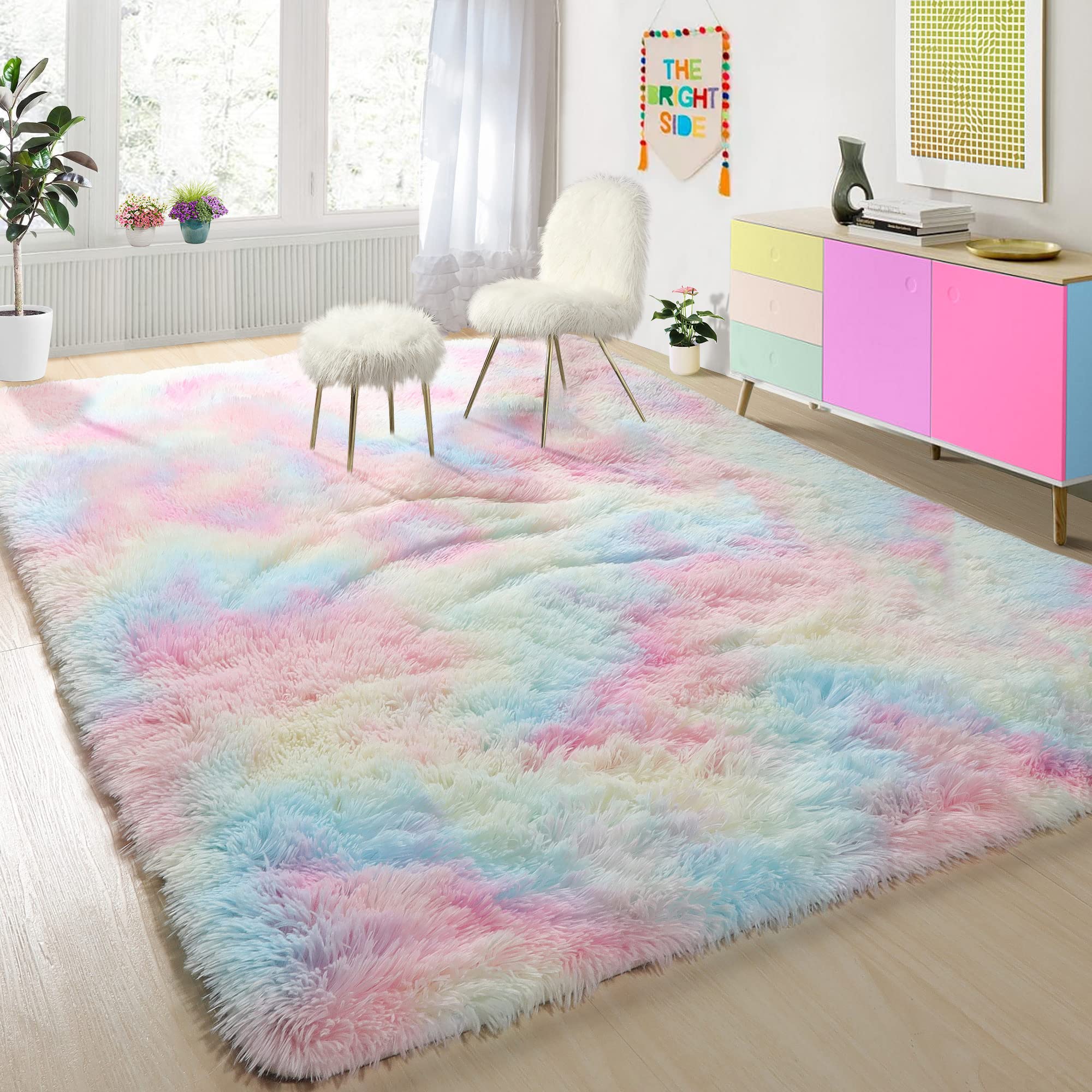 PAGISOFE Fluffy Soft Area Rug for Girls Bedroom - Plush Furry Shaggy Kawaii Rug for Playroom, Nursery & Toddler Room - Cute Colorful Kids Room Decor 3x5 Feet Rainbow - Perfect for Playtime, Nap Time & Instagram-Worthy Nursery Decor