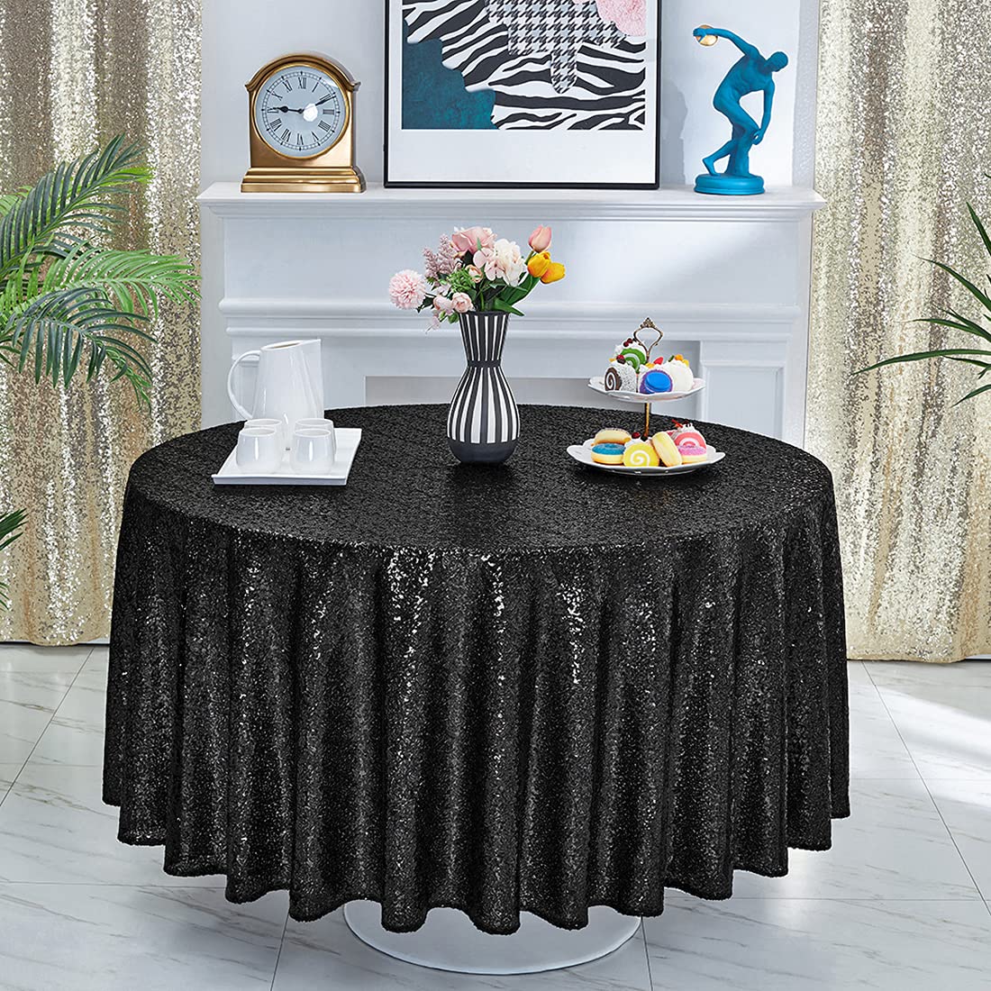 90 Inch Round Black Sequin Tablecloth - Glitter Party Table Cover for Bridal Showers, Weddings, Birthdays, Banquets & Dessert Tables | Elegant Event Decor