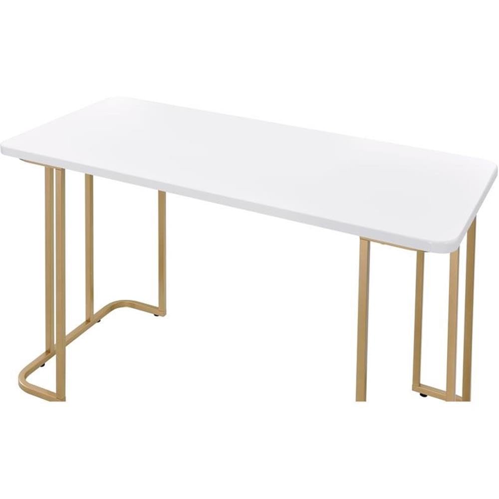 Acme Estie White and Gold Wooden Writing Desk with Metal Sled Base - Perfect for Home Office, Study Room & Small Spaces