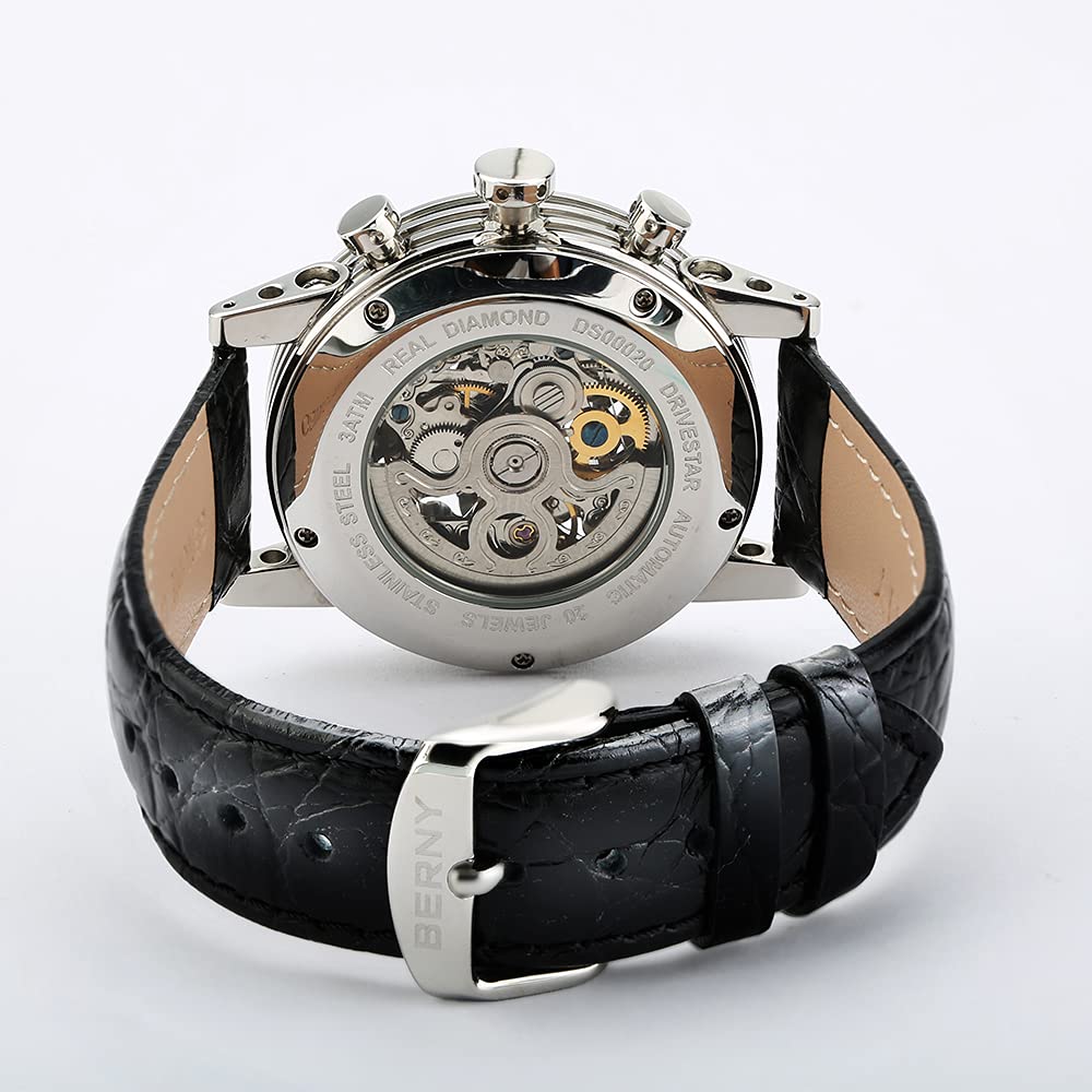 BERNY Men's Automatic Skeleton Watch with Real Diamond Dial - Multi-Function Waterproof Wristwatch with Genuine Leather Strap - Perfect for Business, Formal Events & Everyday Wear