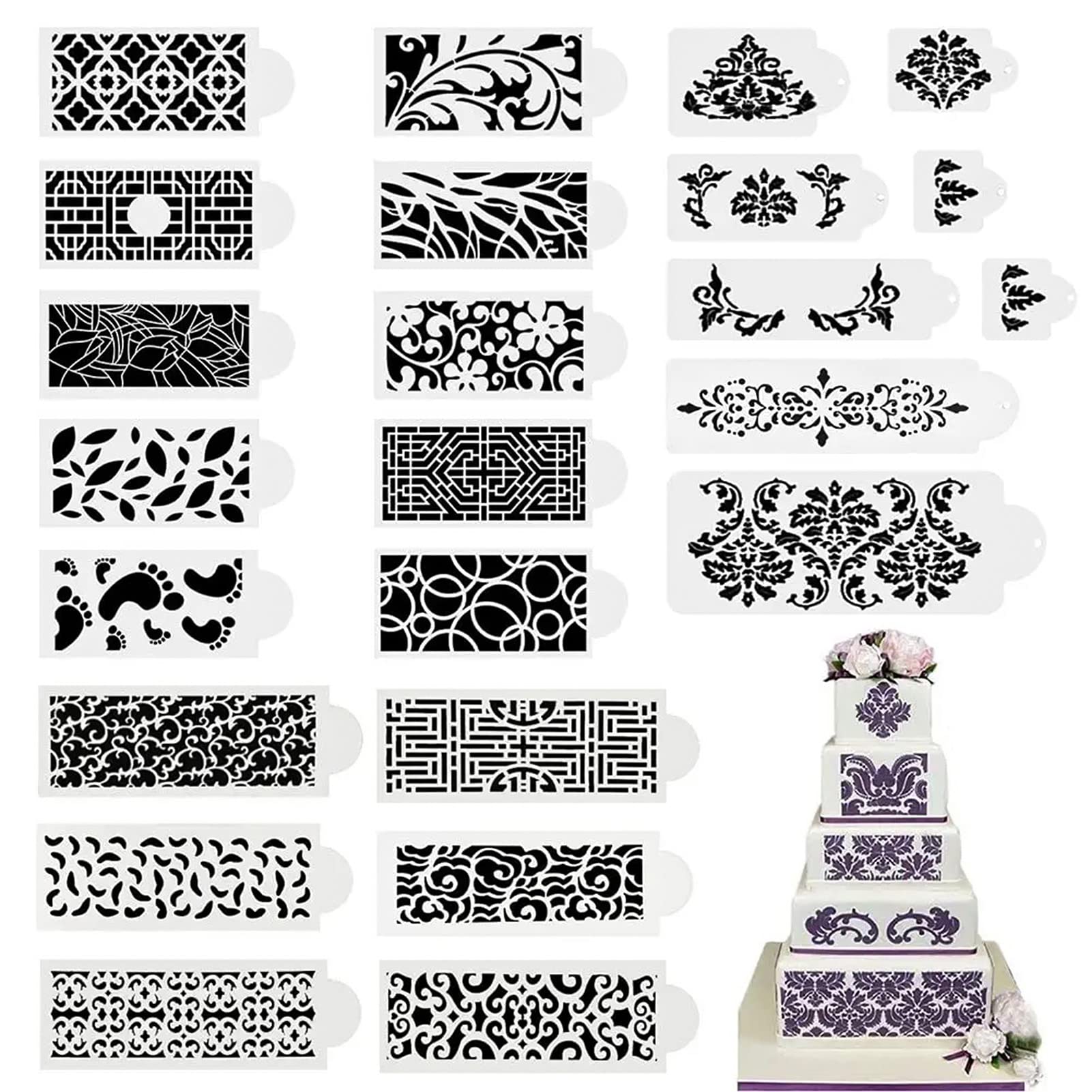 24 Pcs Floral Wedding Cake Stencils - Hollow Lace Cake Decorating Templates for DIY Baking, Spray Molds for Cake Decoration (Floral Design) - Perfect for Wedding Cakes, Birthday Parties & Home Baking Projects