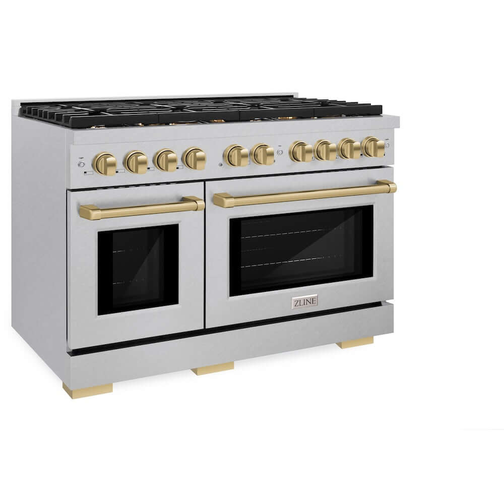 ZLINE Autograph Edition 48-inch 6.7 cu. ft. Paramount Double Oven Gas Range with 8 Burner Cooktop in Satin Stainless Steel & Champagne Bronze Accents (SGRSZ 48 CB) - Premium Kitchen Appliance for Home Chefs & Entertaining