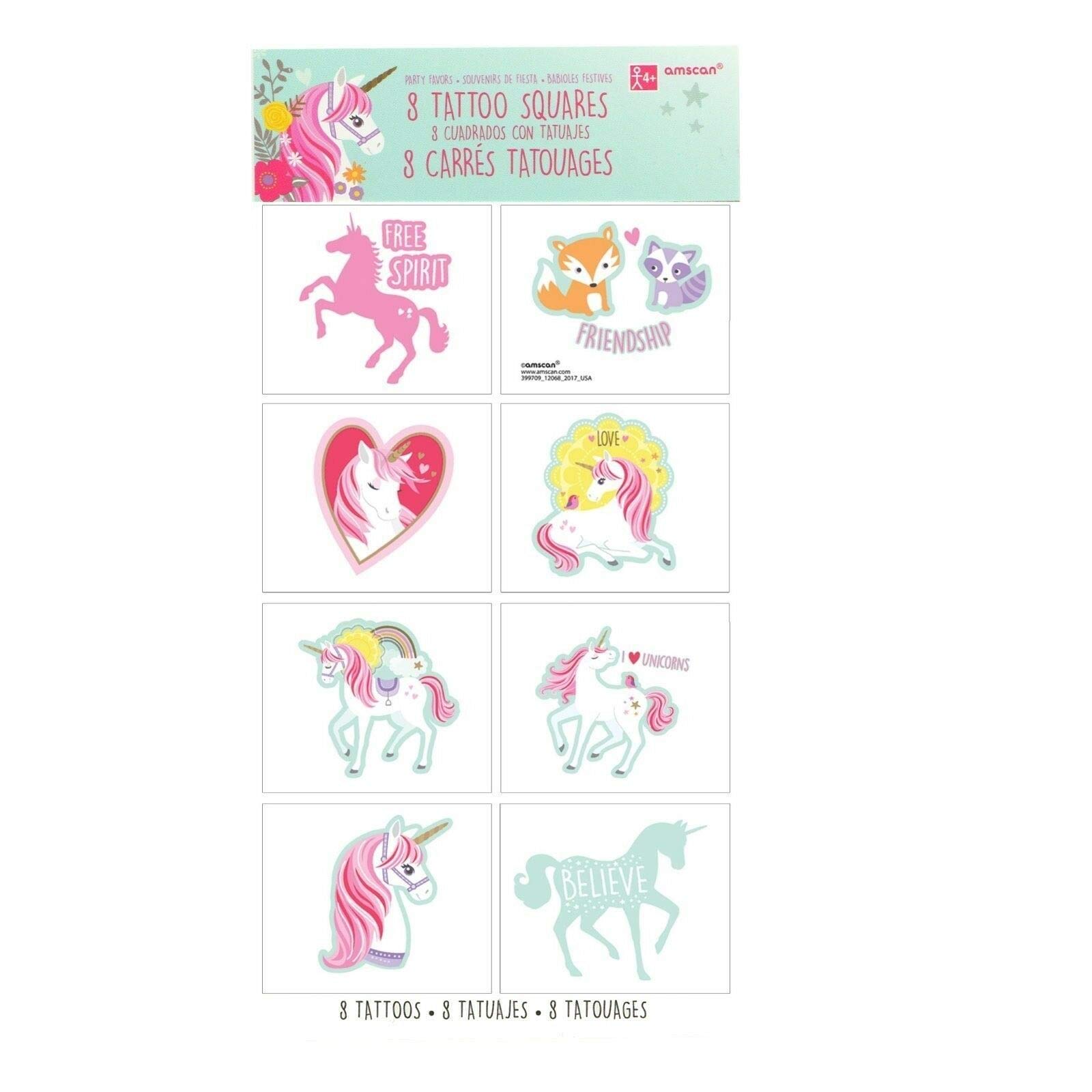 Amscan Unicorn Temporary Tattoos for Kids - 8 Count Pack - Fun Party Favors & Birthday Supplies for Girls