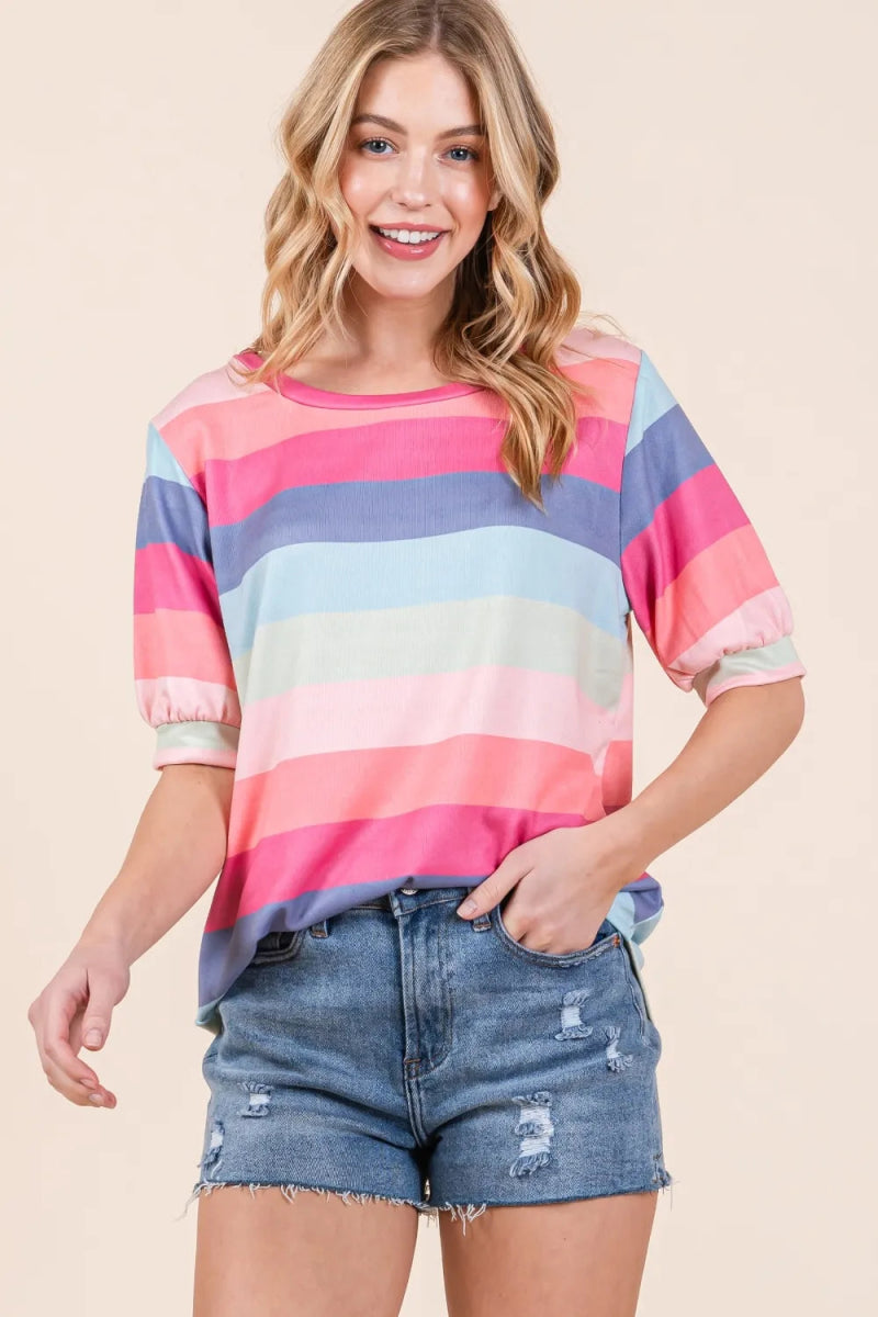 BOMBOM Women's Striped Round Neck Half Sleeve T-Shirt - Casual Summer Tee for Outfits, Beach & Daily Wear