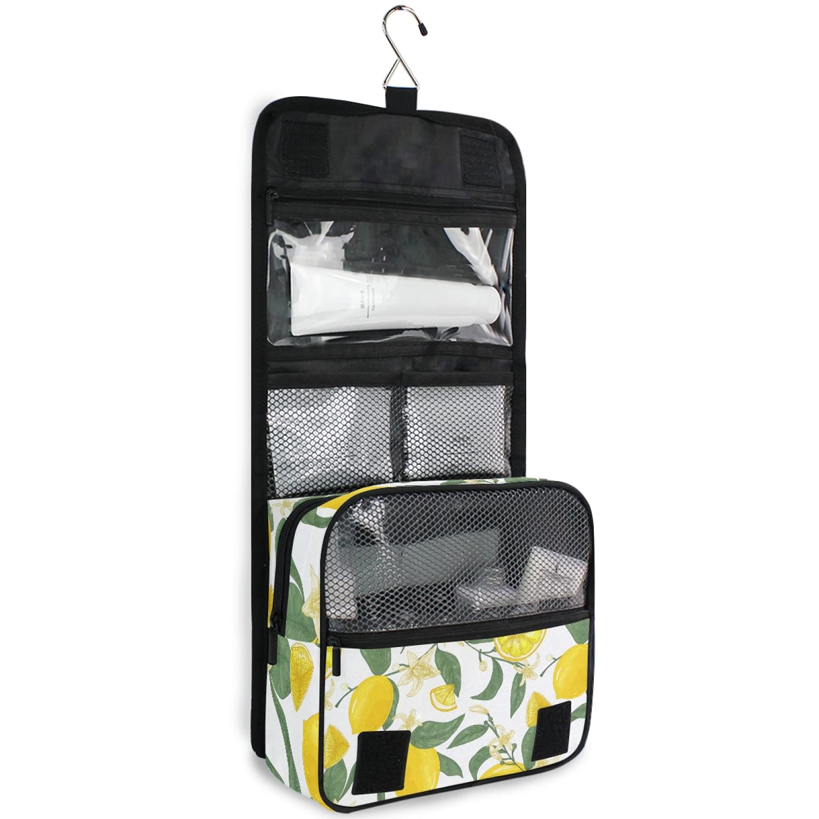 ALAZA Yellow Lemon Citrus Fruit Hanging Toiletry Bag for Women - Large Capacity Waterproof Travel Cosmetic Bag with Hook, Perfect for Bathroom Storage & Makeup Organizer | Ideal for Travel, Gym, and Home Use
