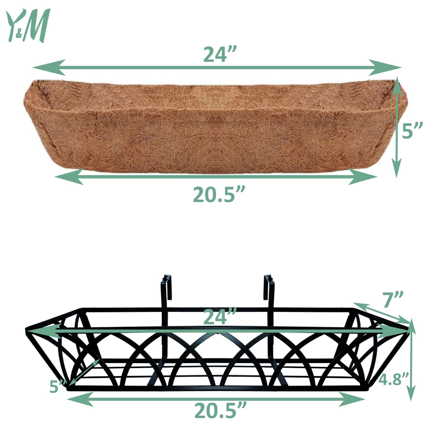 24 Inch Window Deck Planter Box with Coco Liner - 4 Pack Metal Hanging Flower Basket for Outdoor Garden, Lawn & Fence Decor - Perfect for Railing, Deck & Window Box Gardening