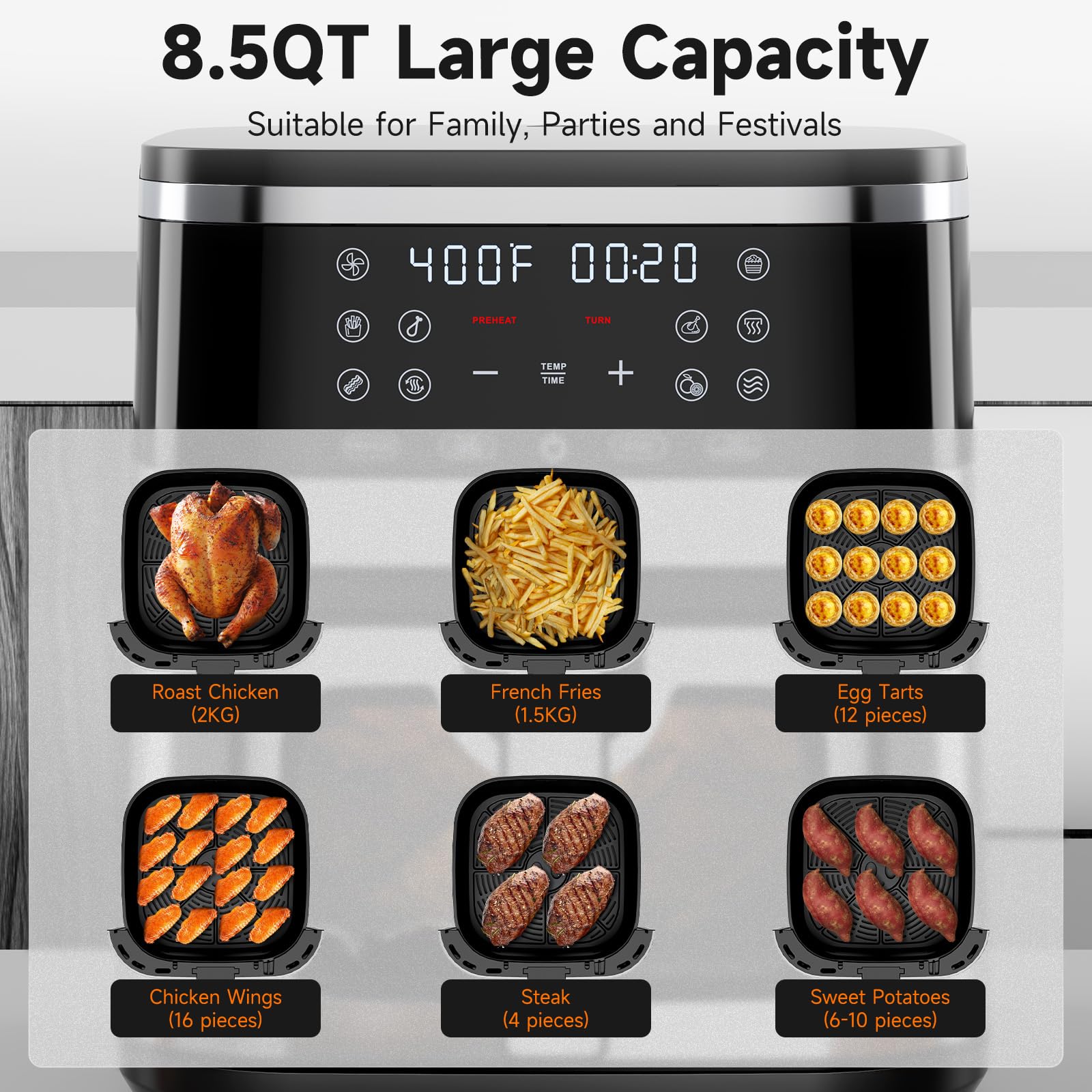 Kitchen Elite® 8.5QT XL Stainless Steel Air Fryer Oven with View Window - 10 One-Touch Functions, Precise Temperature Control, 90% Less Oil, 1700W Rapid Heating for Roasting, Baking & Dehydrating - Perfect for Healthy Cooking, Meal Prep & Family Dinners