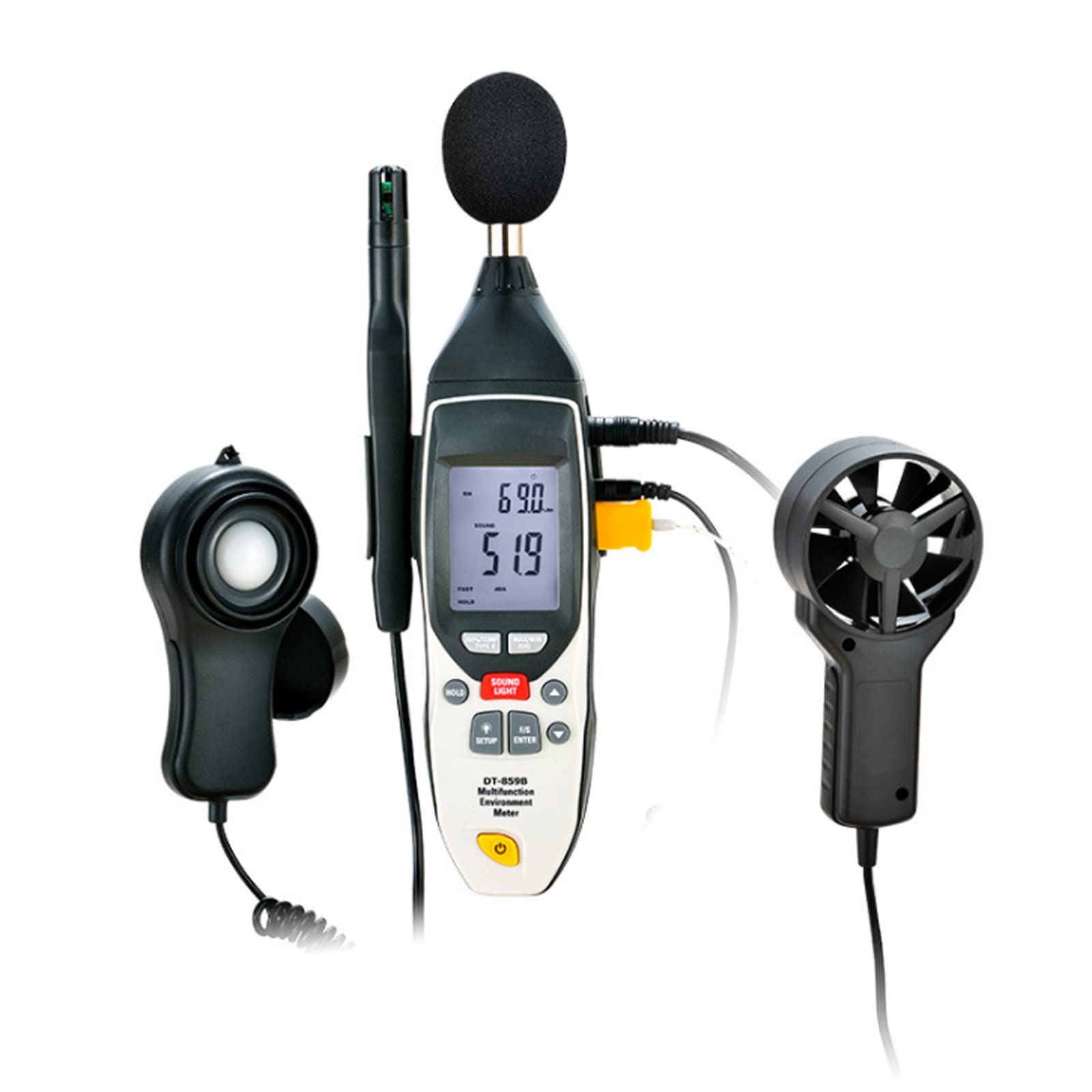 FMONH 5-in-1 Environmental Tester - Digital Noise Meter, Light Lux Meter, Anemometer, Thermometer & Hygrometer for Home, Office, Industrial and Outdoor Use