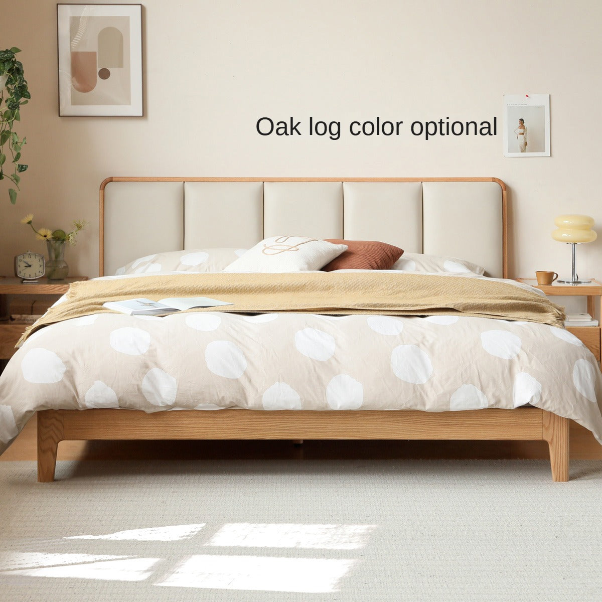 Solid Oak Wood Modern Platform Bed with Upholstered Headboard - Stylish and Durable Bedroom Furniture for Contemporary Homes