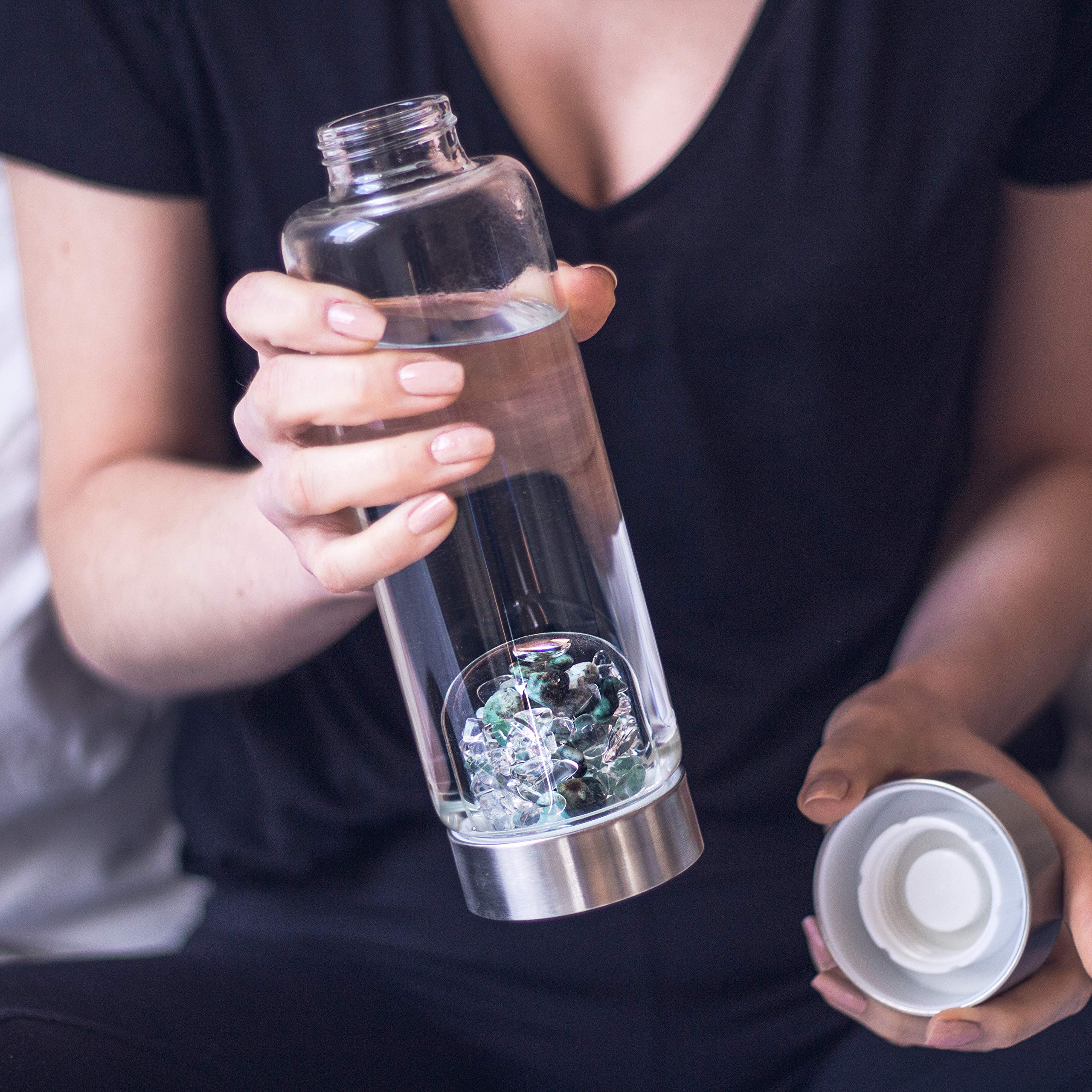 VitaJuwel ViA VITALITY Crystal Water Bottle with Emerald & Clear Quartz - Energy Infused Water for Hydration, Detox & Wellness | Perfect for Yoga, Meditation & Daily Fitness Routine
