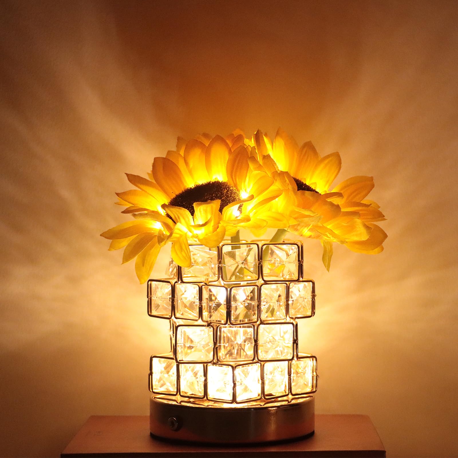 Dimmable LED Sunflower Table Lamp with Touch Control & Crystal Vase - USB Rechargeable Cordless Desk Light for Bedroom, Living Room, Office | Home Decor, Gift Idea (Yellow) | Perfect for Night Reading, Romantic Ambiance & Cozy Spaces