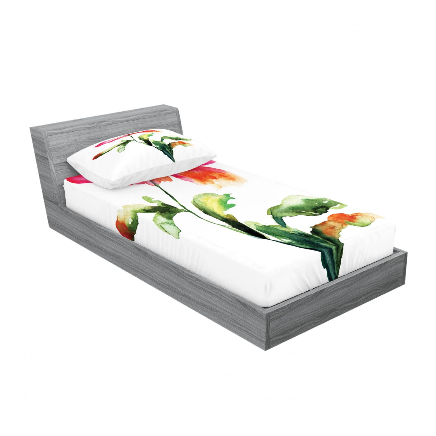 Ambesonne 2-Pack Twin Size Fitted Sheet & Pillow Sham Set - Flowering Poppy Design, Red Green White Floral Bedding (4-Piece Set) - Perfect for Guest Rooms, Dorm Decor, and Spring Bedroom Makeovers