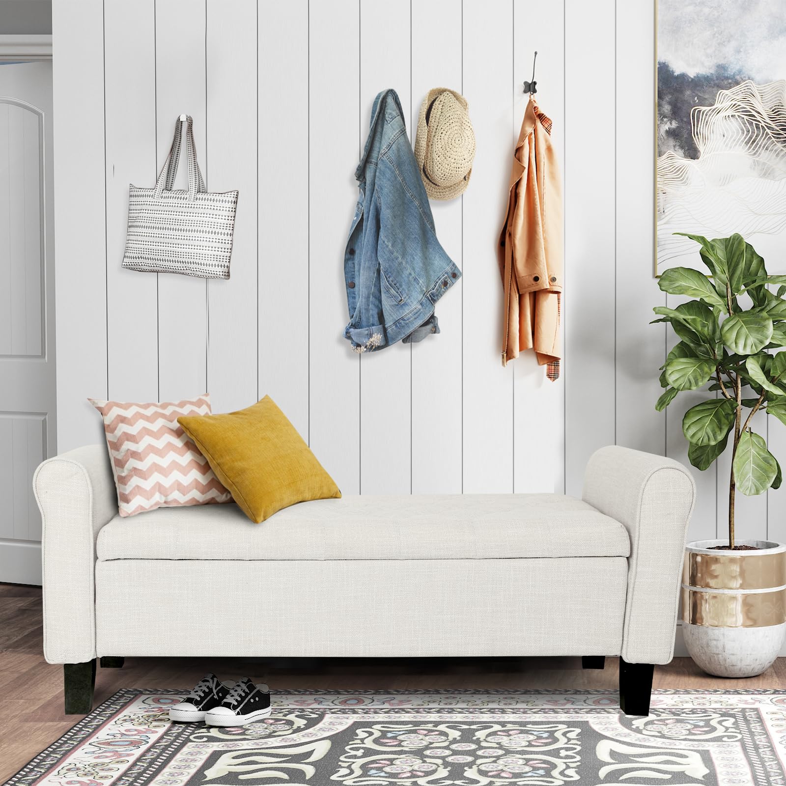Tufted Storage Ottoman Bench with Arms - Large Upholstered Footrest Seat for Bedroom, Living Room, Entryway & Hallway - Multi-Functional End of Bed Bench with Hidden Storage (Beige) | Perfect for Small Space Organization & Extra Seating