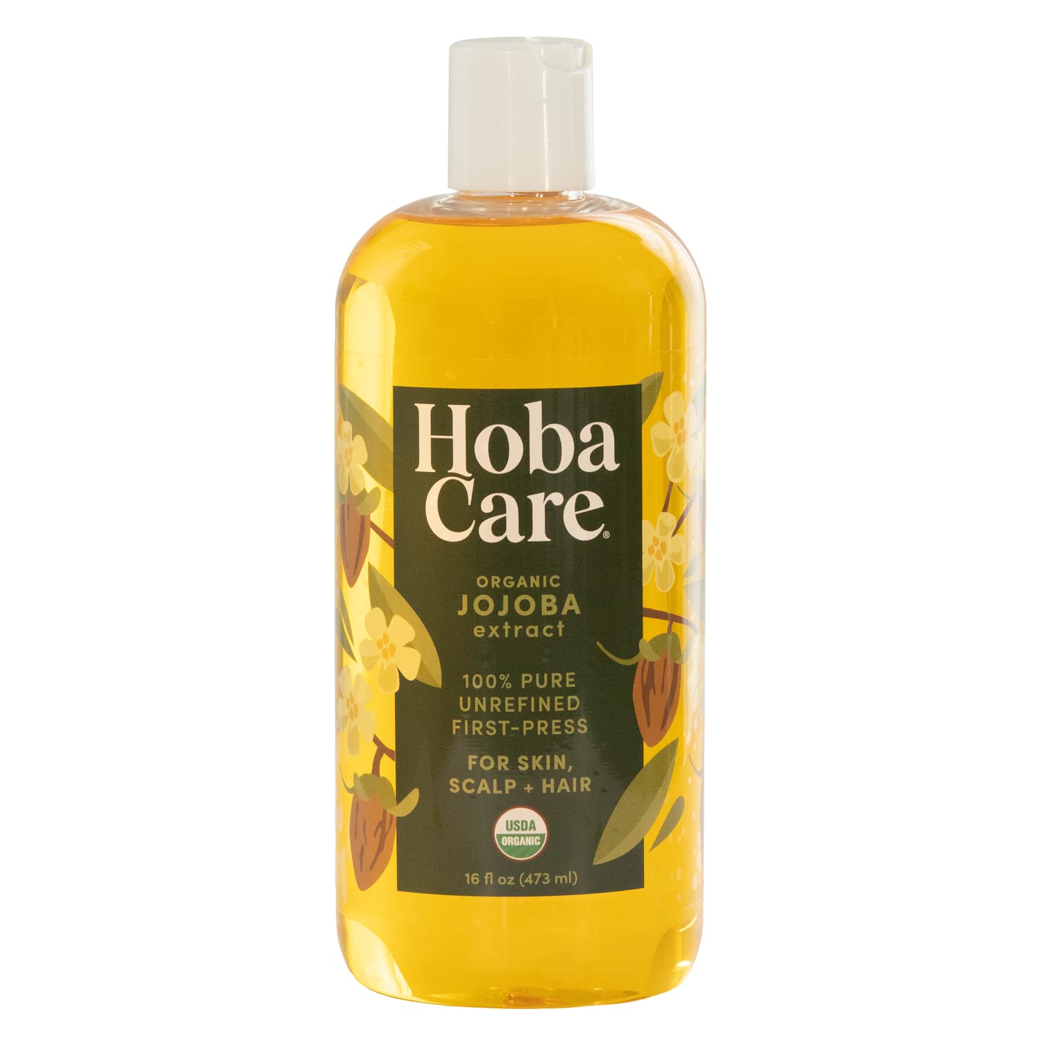 HobaCare Organic Jojoba Oil - 100% Pure, Unrefined Cold Pressed Jojoba Oil for Skin, Hair & Nails - Natural Moisturizing Body Oil & Face Moisturizer for Dry Skin - Beard Care & Scalp Treatment - Perfect for Daily Skincare Routine & DIY Beauty Recipes (16 fl oz)